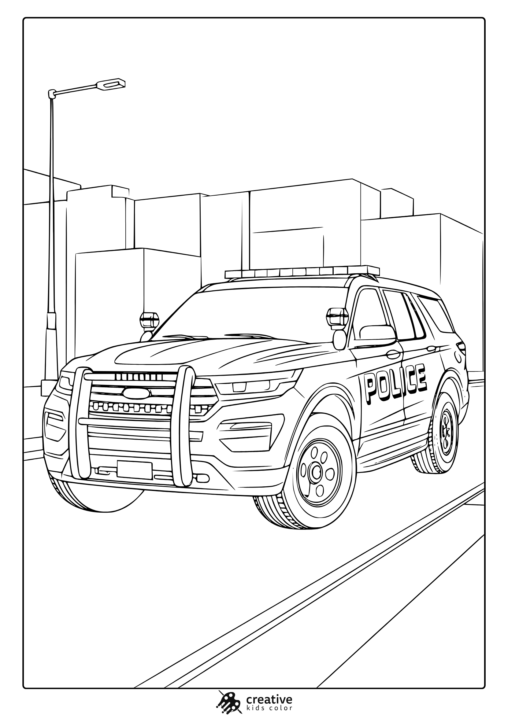 A Police Suv On A City Street With Buildings And Streetlights, Great For A Cop Car Coloring Page.