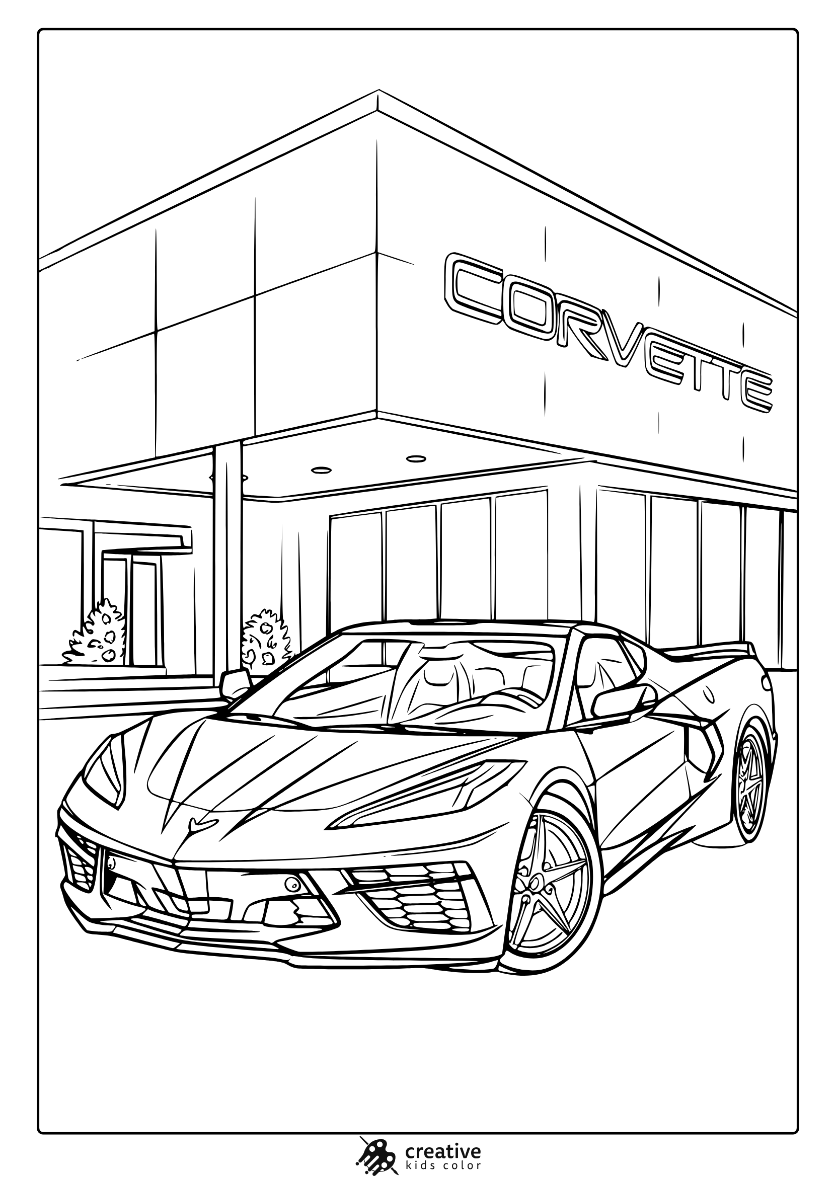A Modern Corvette Sports Car In Front Of A Dealership, An Exciting Corvette Coloring Page.