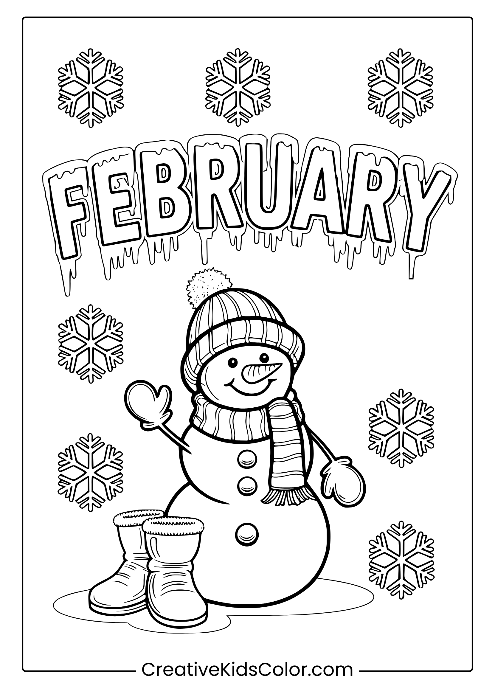 A cozy winter scene with a snowman and snowflakes, ready for February coloring.