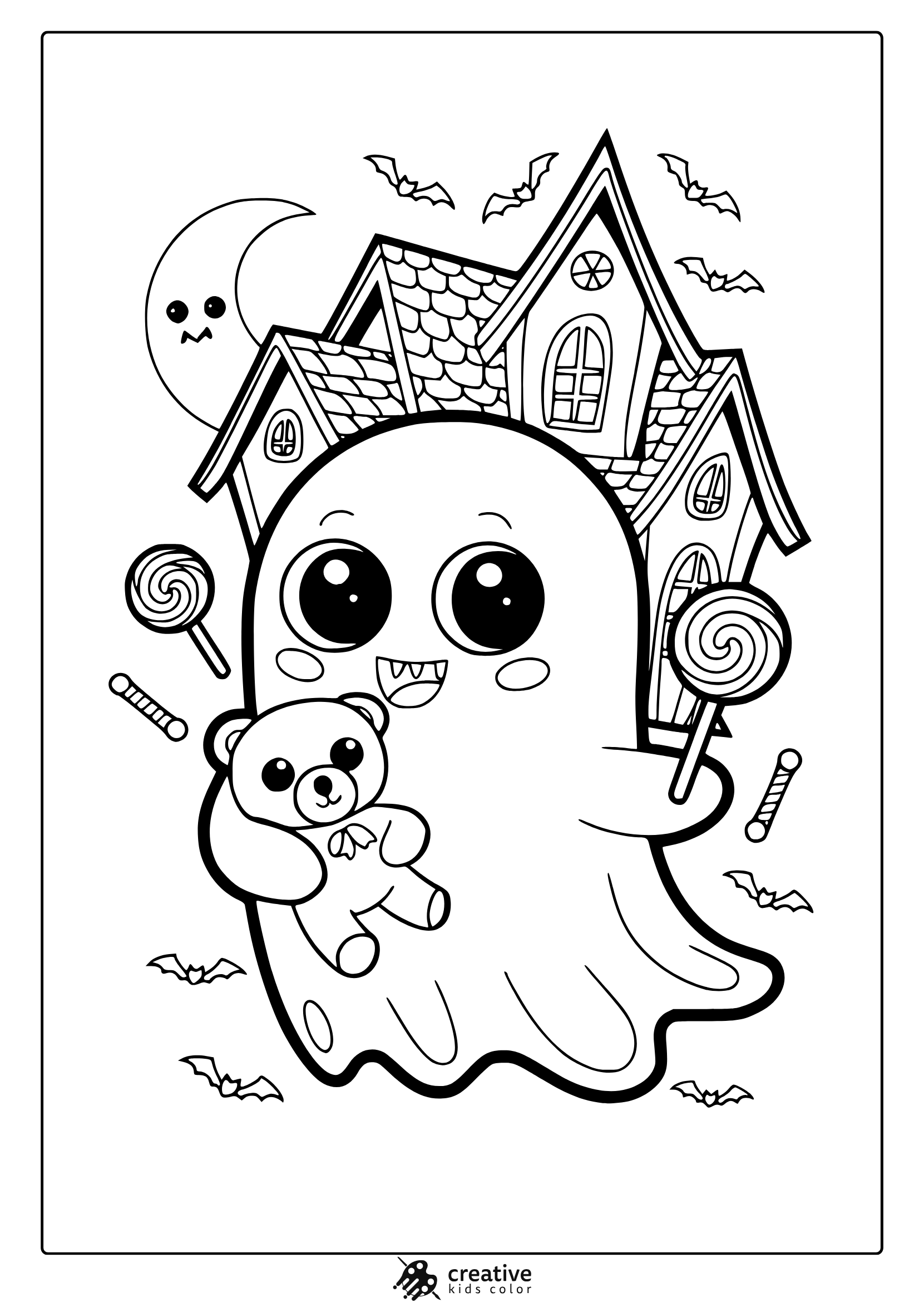 Creepy Kawaii Coloring Page Of A Cute Ghost Holding A Teddy Bear, Set Against A Haunted House With Bats And A Crescent Moon.