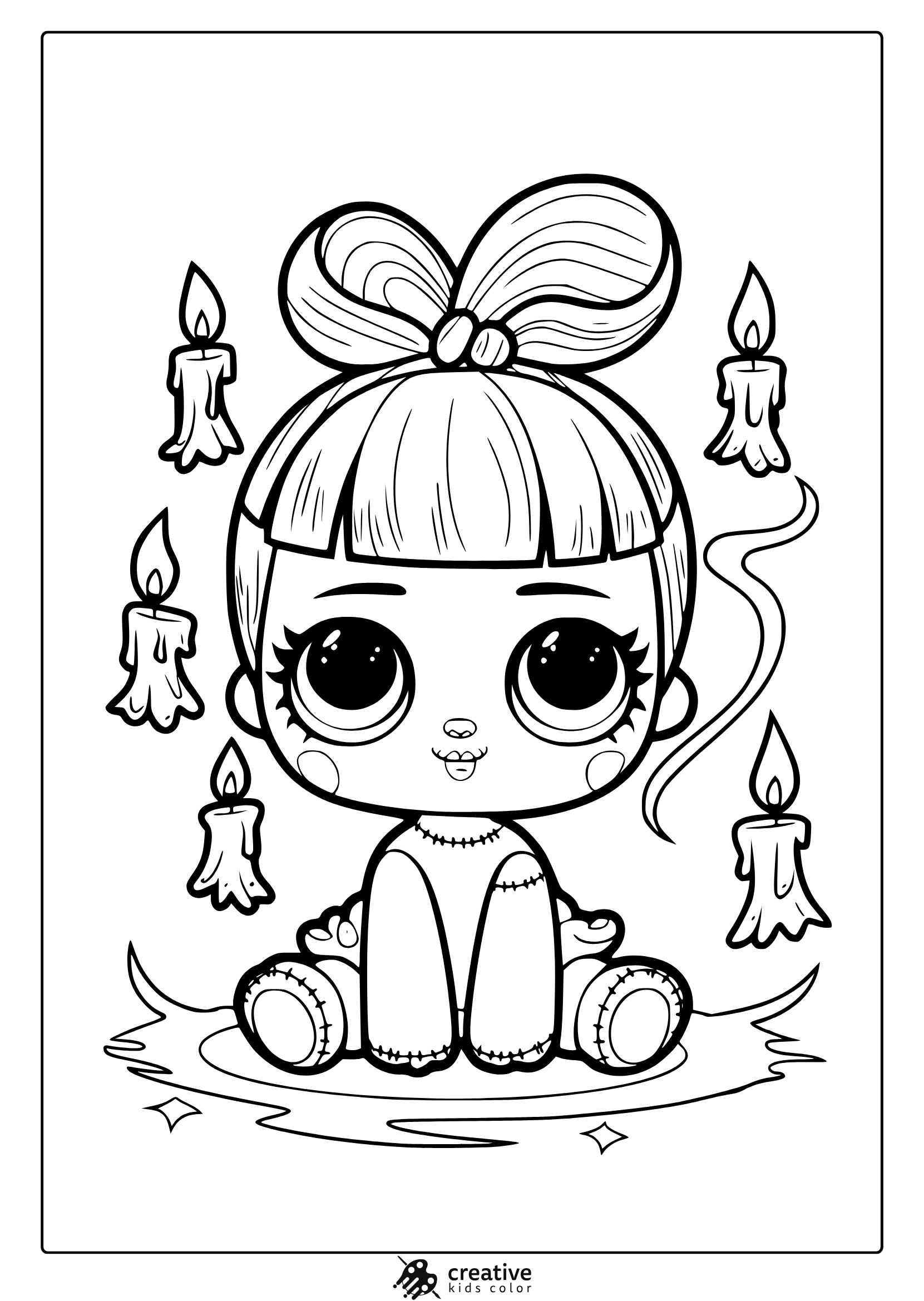 Creepy Kawaii Doll Coloring Page With A Cute Doll Sitting Among Floating Candles, Creating A Mix Of Spooky And Sweet Vibes.