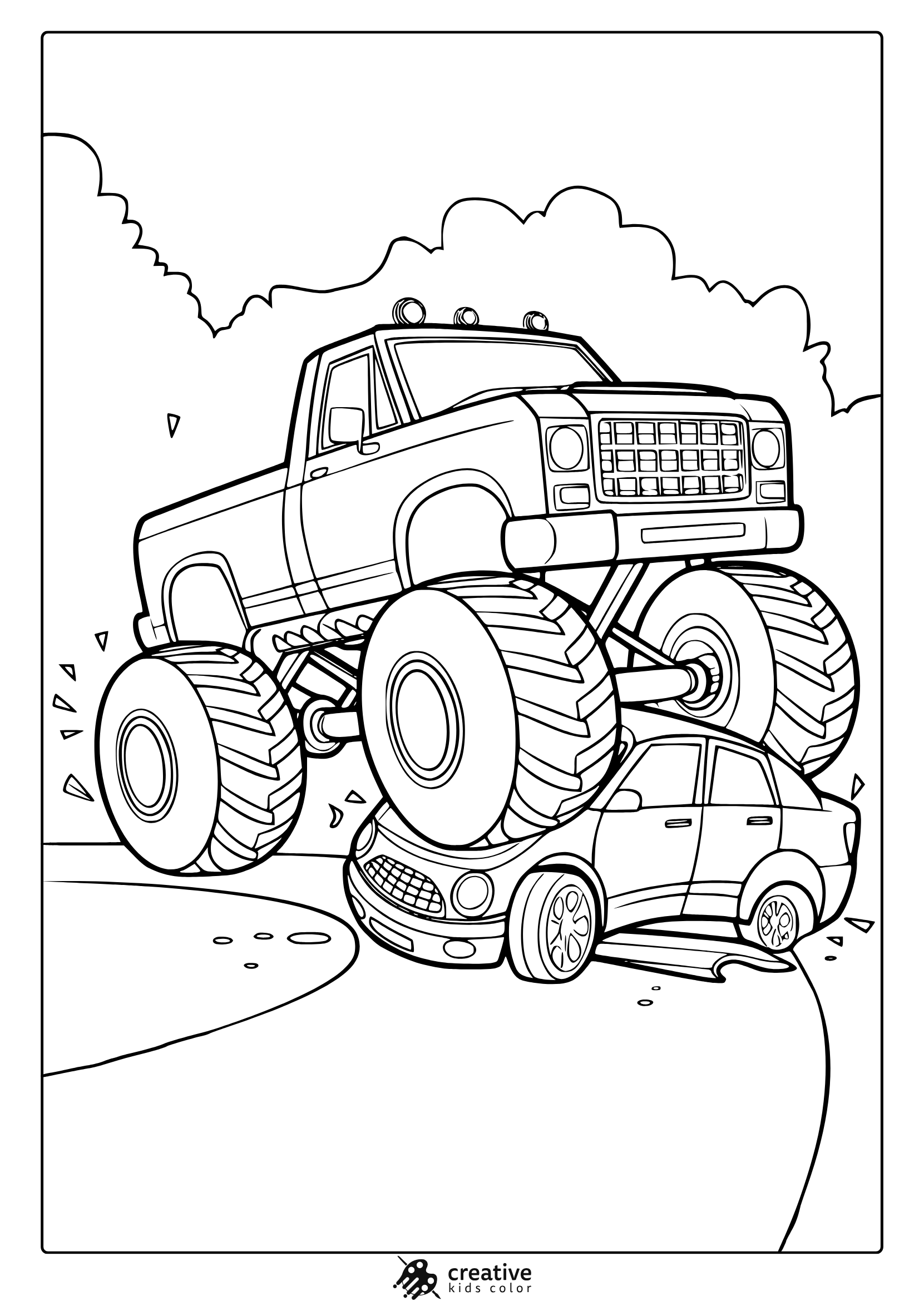 Monster Truck Crushing A Car On The Road, Action Packed And Bold Coloring Page With Debris And Clouds.