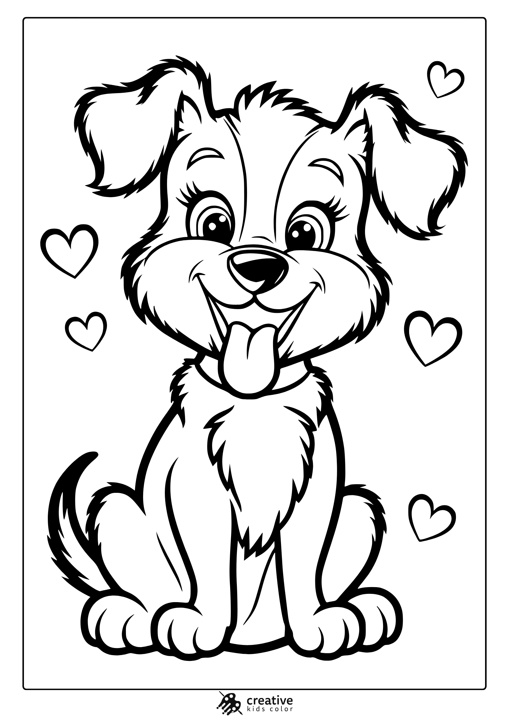 A Playful Puppy With Hearts Around. A Cute Puppy Coloring Page Filled With Love.
