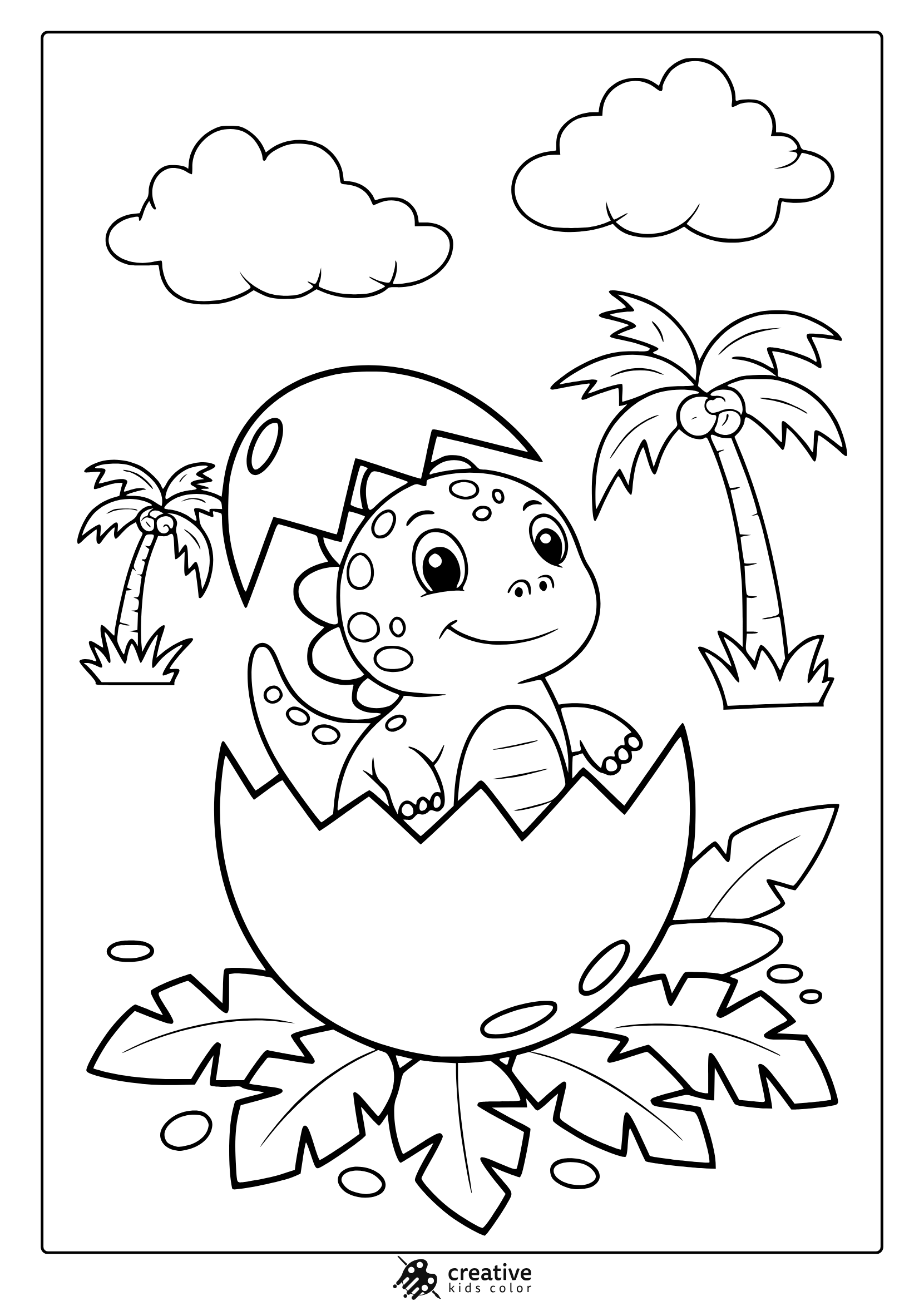 A Happy Baby Dinosaur Hatching From An Egg Is The Focus Of This Sweet And Friendly Dinosaur Coloring Page.