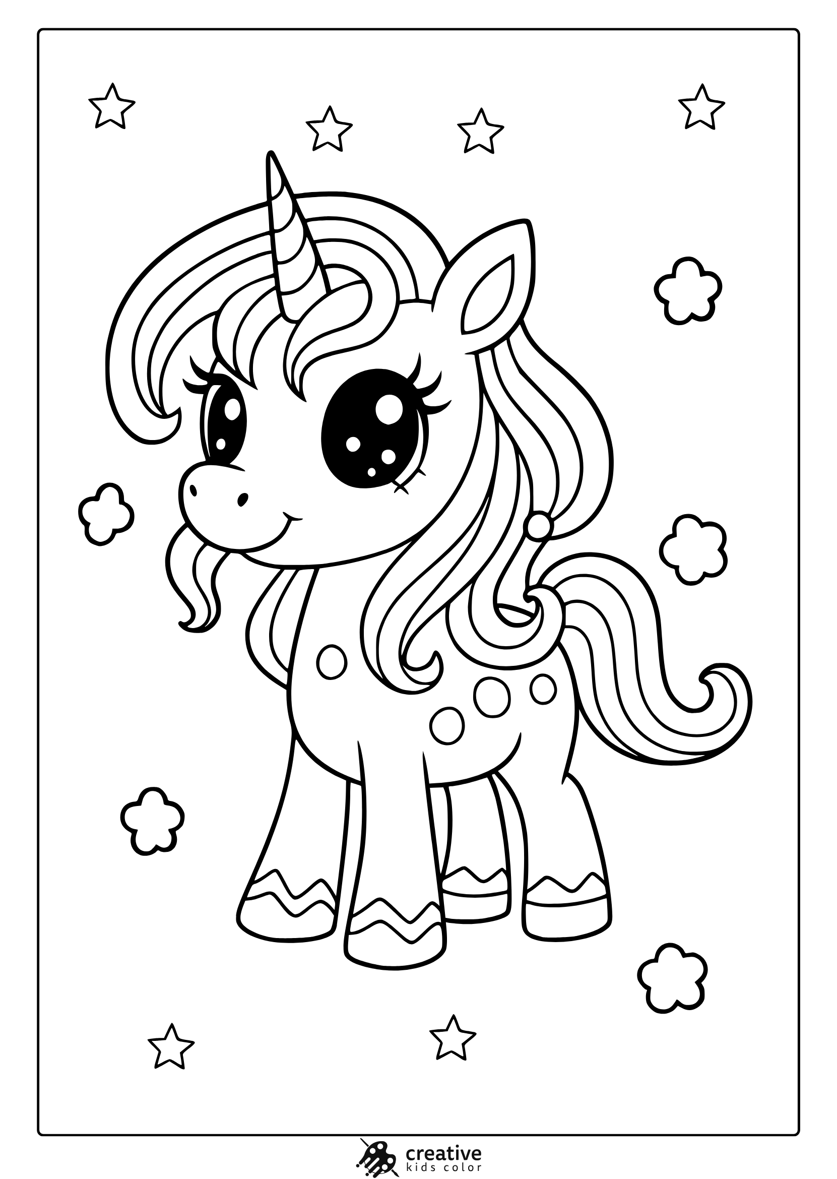 Cute Baby Unicorn With Big Eyes And Wavy Mane In A Starry Kawaii Style Coloring Page.