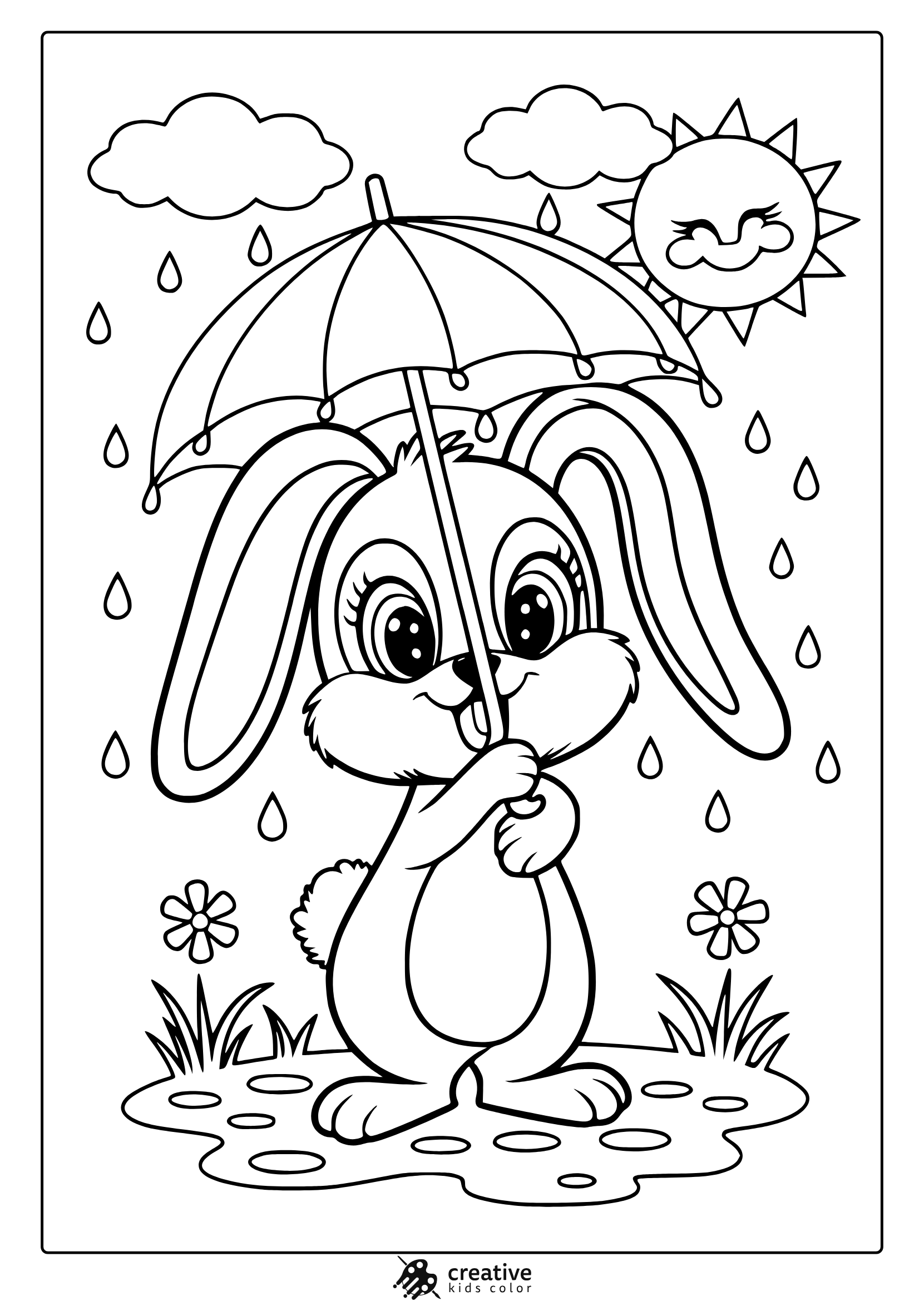 Cute Bunny Coloring Page Featuring A Bunny With An Umbrella, Raindrops, Flowers, And A Bright Sun.