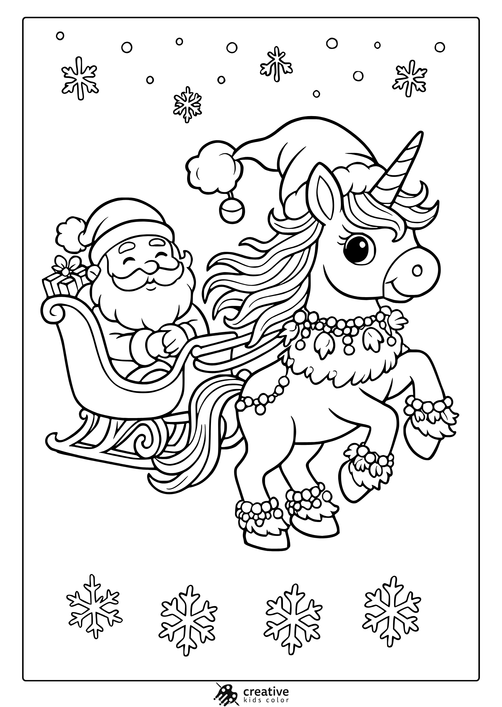 Christmas Unicorn With Floral Garlands Next To Santa In Sleigh On A Festive Coloring Page.