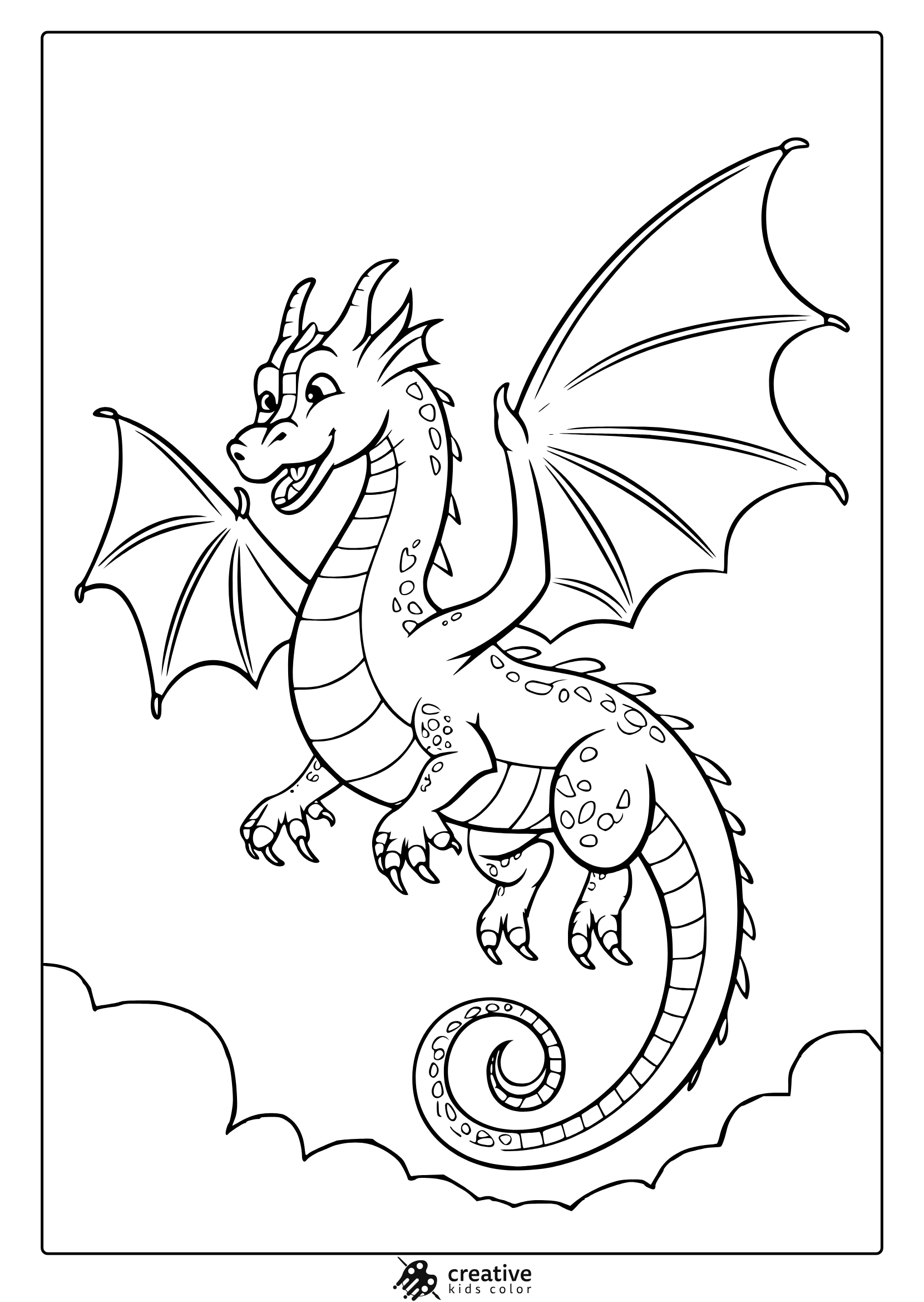 A Cute Dragon Coloring Page Featuring A Joyful Dragon With Large Wings Flying Over Fluffy Clouds, Perfect For Coloring Fun.