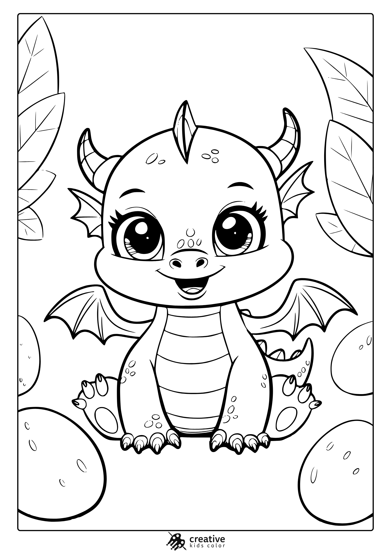 A Cute Dragon Coloring Page Featuring A Small Dragon Protecting Its Eggs In A Peaceful Setting.