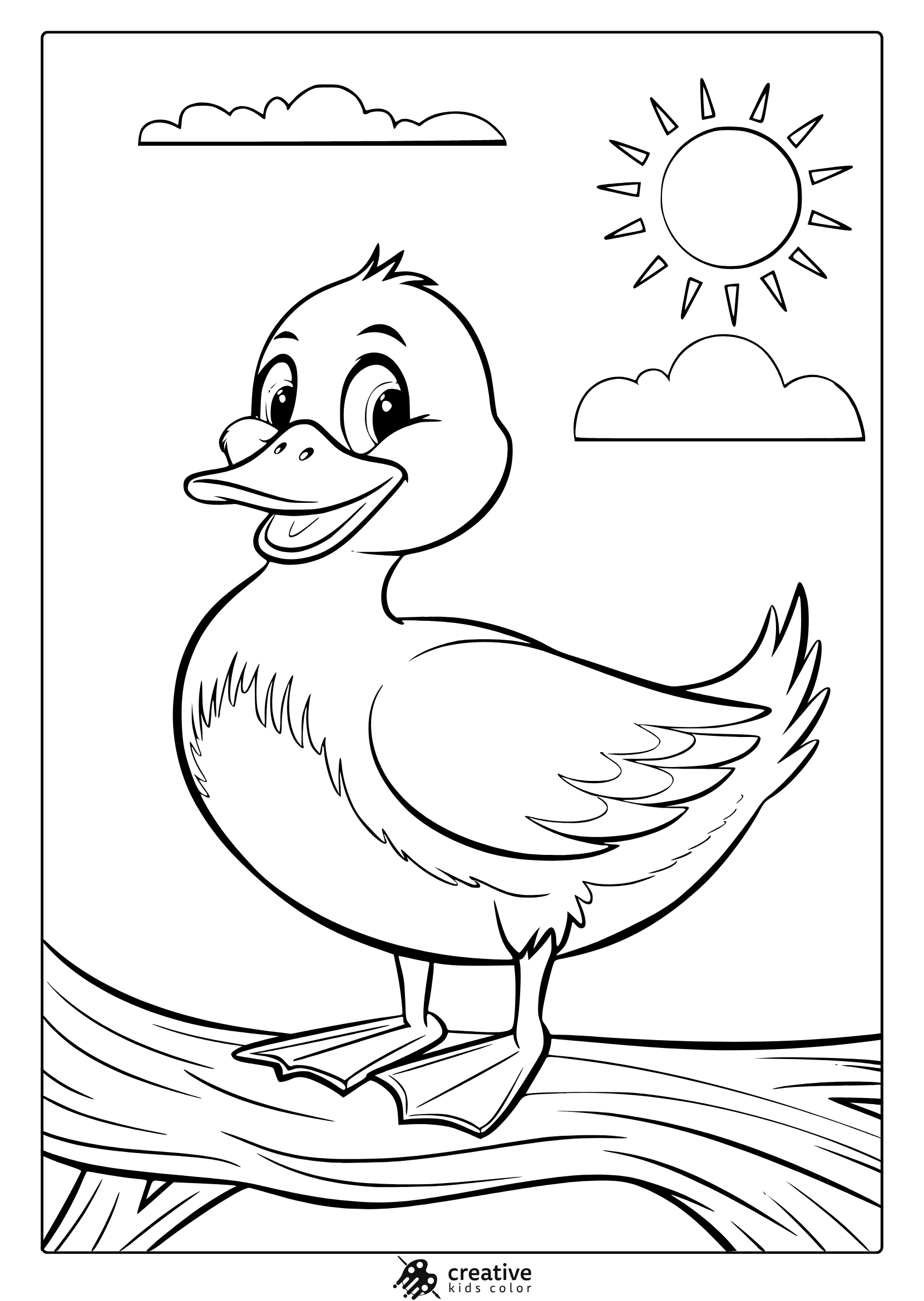 A Cheerful Duck With Clouds And Sun Above Makes This Cute Summer Duck Coloring Page Feel Bright And Fun.