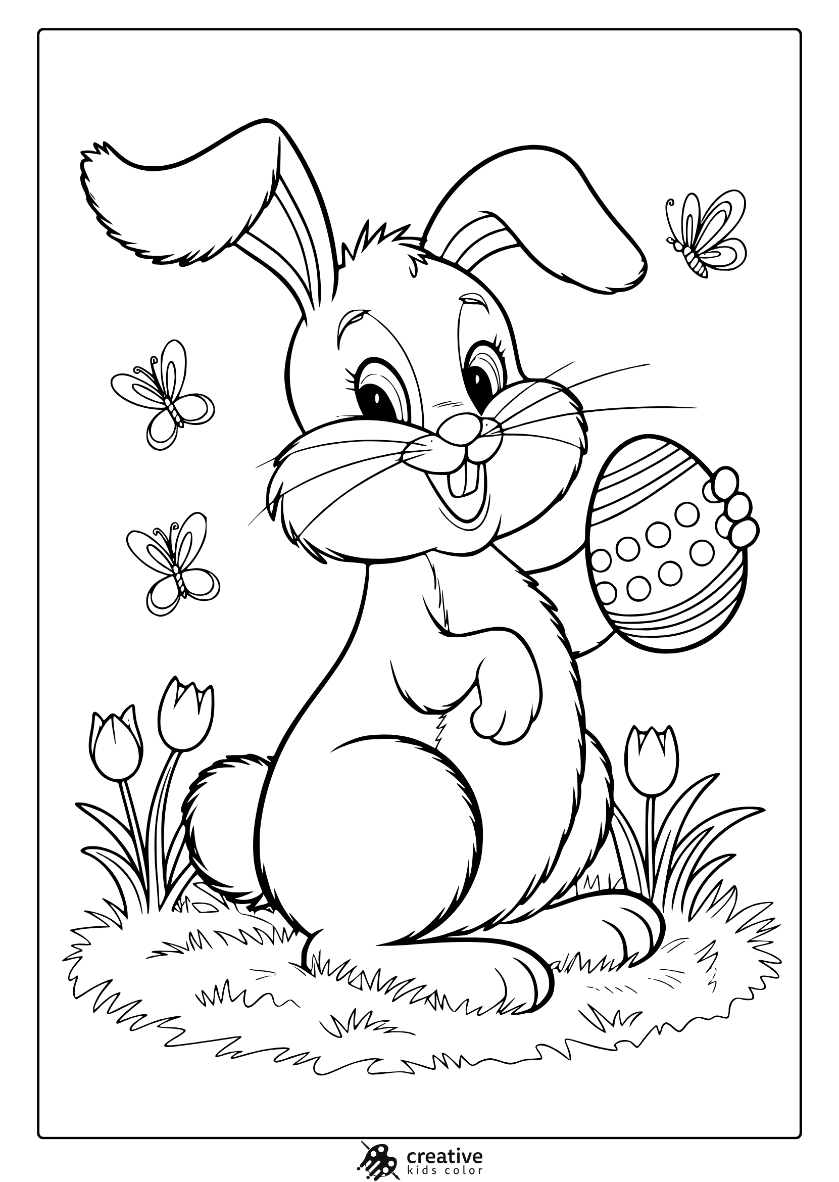 A Cute Easter Bunny Coloring Page With A Fluffy Bunny, A Decorated Egg, Butterflies, And Tulips For A Fun Coloring Activity.