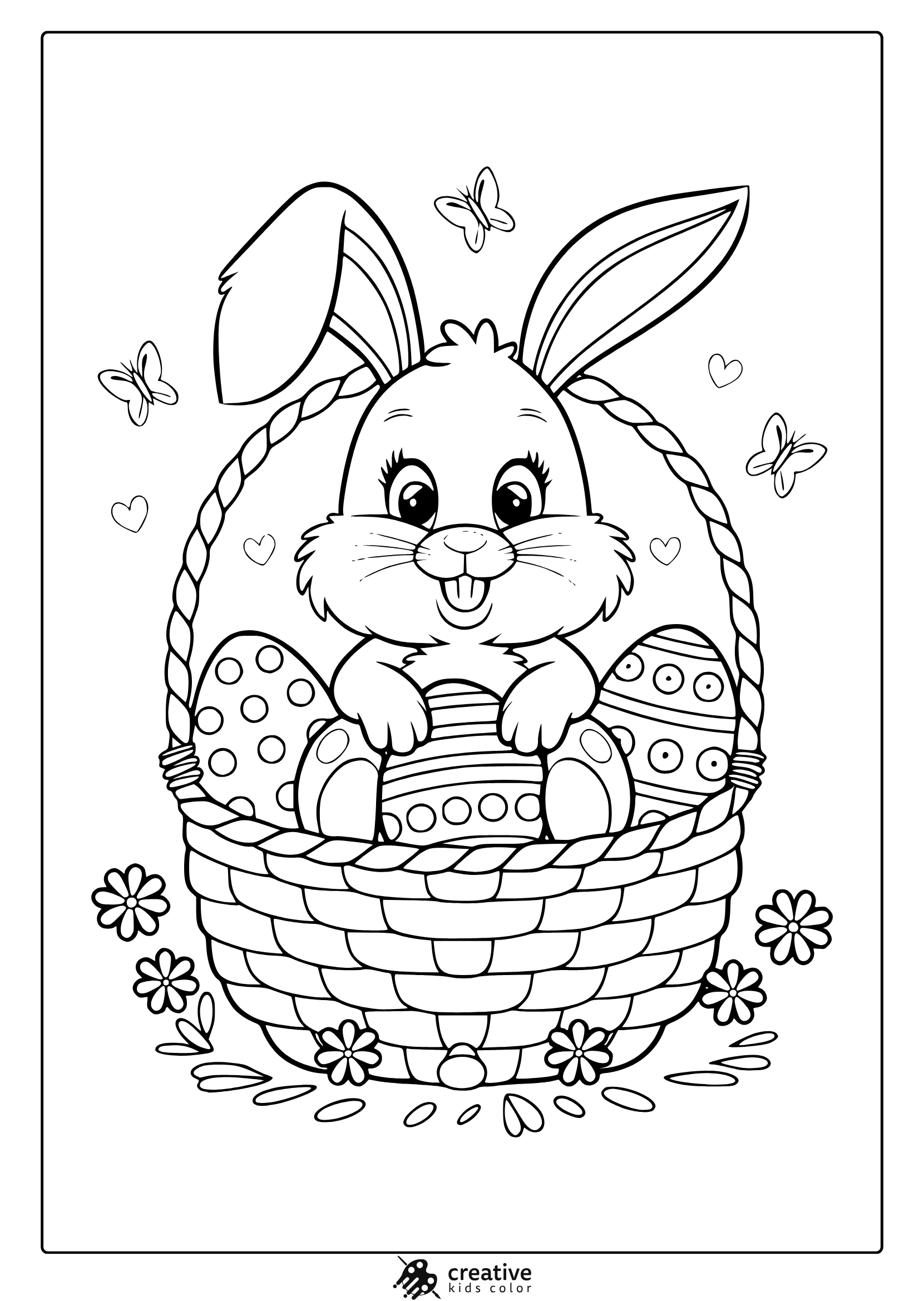 A Cute Easter Bunny Coloring Page Featuring A Bunny In A Basket With Patterned Eggs, Surrounded By Butterflies And Hearts.