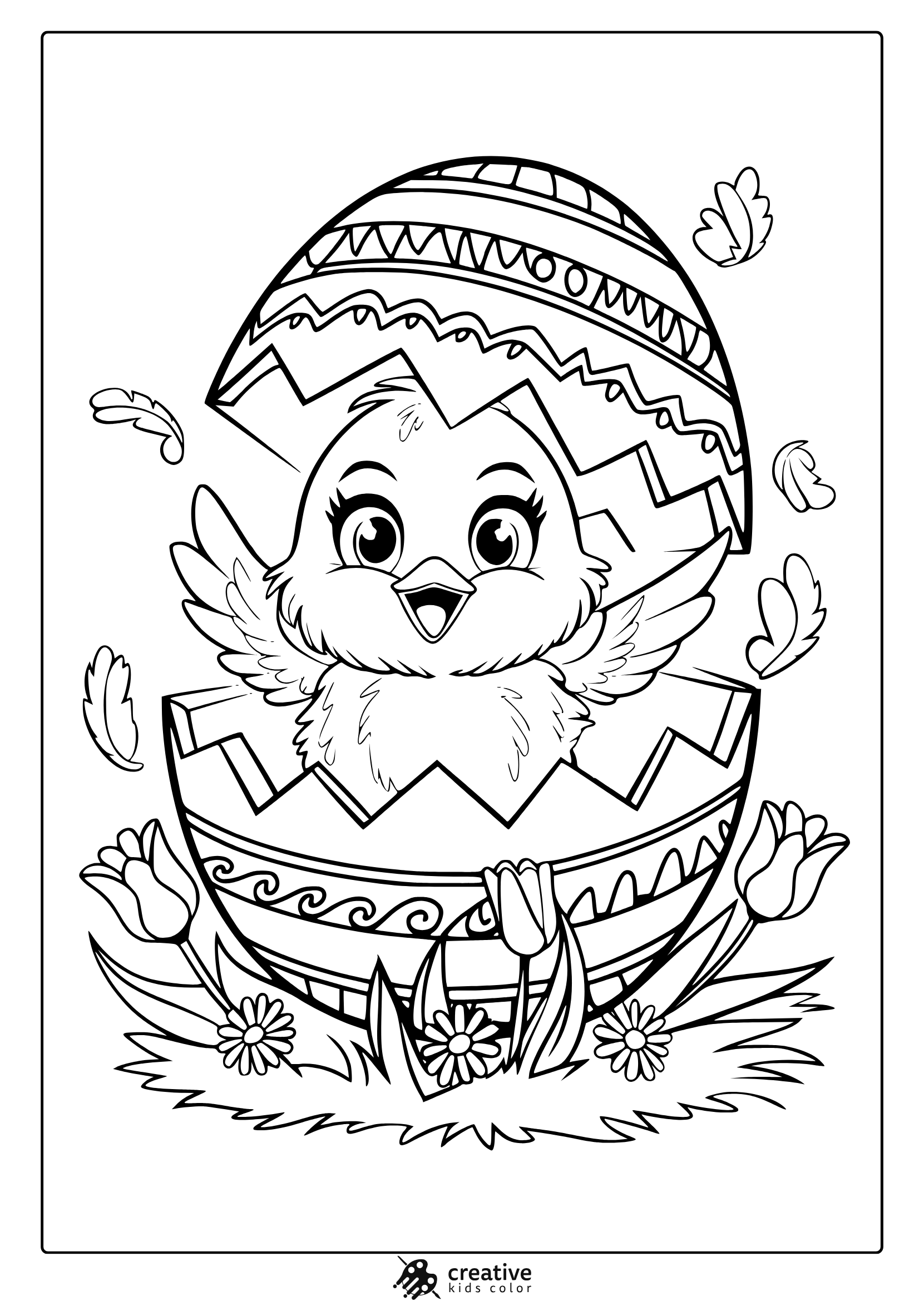 A Cute Easter Chick Coloring Page With A Happy Chick Hatching From An Ornate Egg, Surrounded By Tulips And Feathers.