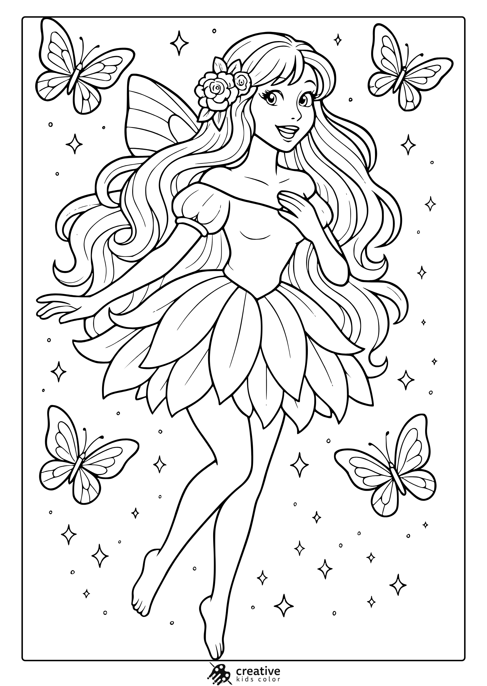 Cute Fairy Coloring Page With Long Hair, Flower Dress, Butterflies, And Stars.
