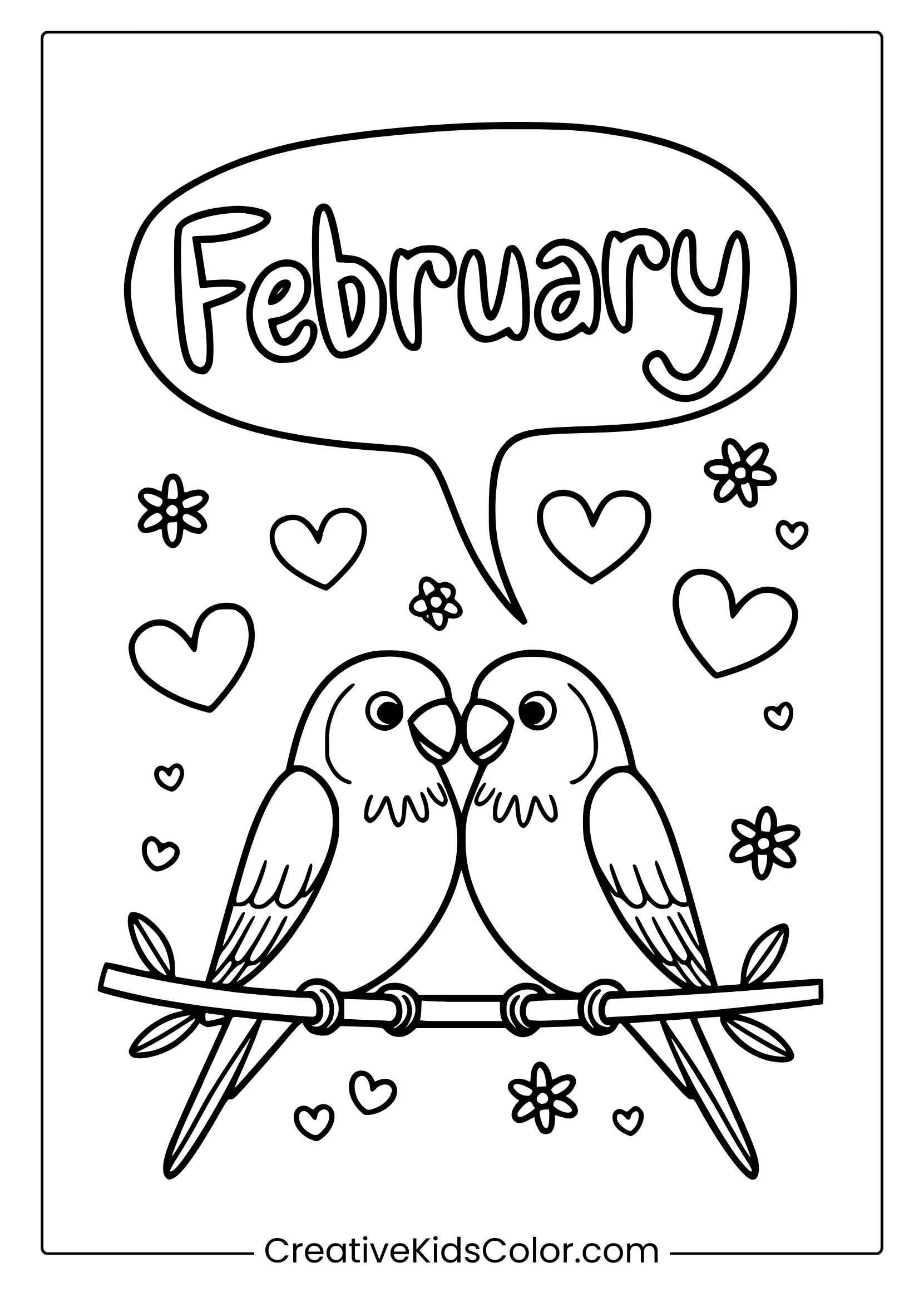 A Playful February Coloring Page With Birds, Hearts, And Flowers, All About Love.