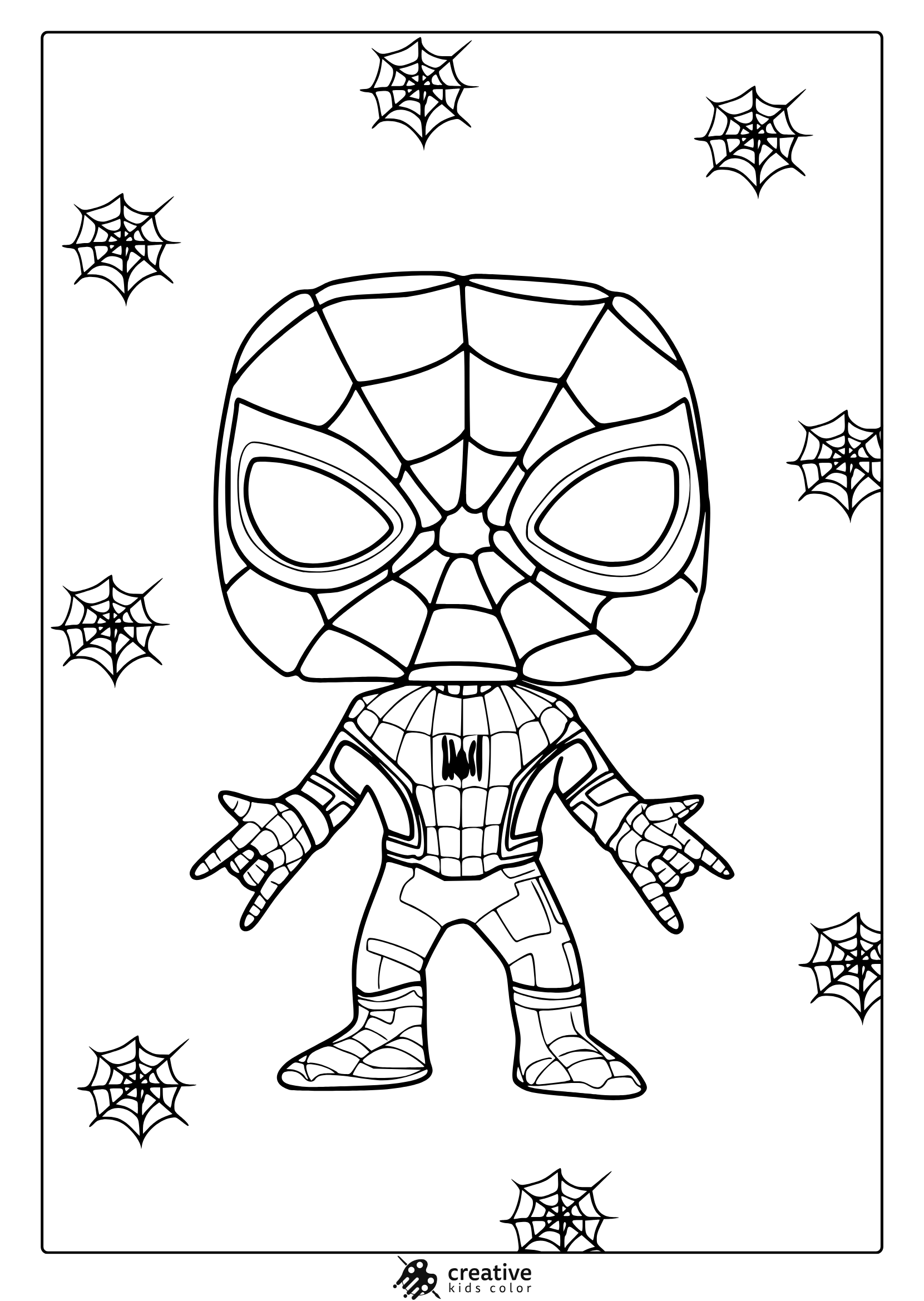 Cute Spider-Man Coloring Page In Funko Pop Style With Web Elements And Big-Eye Mask.