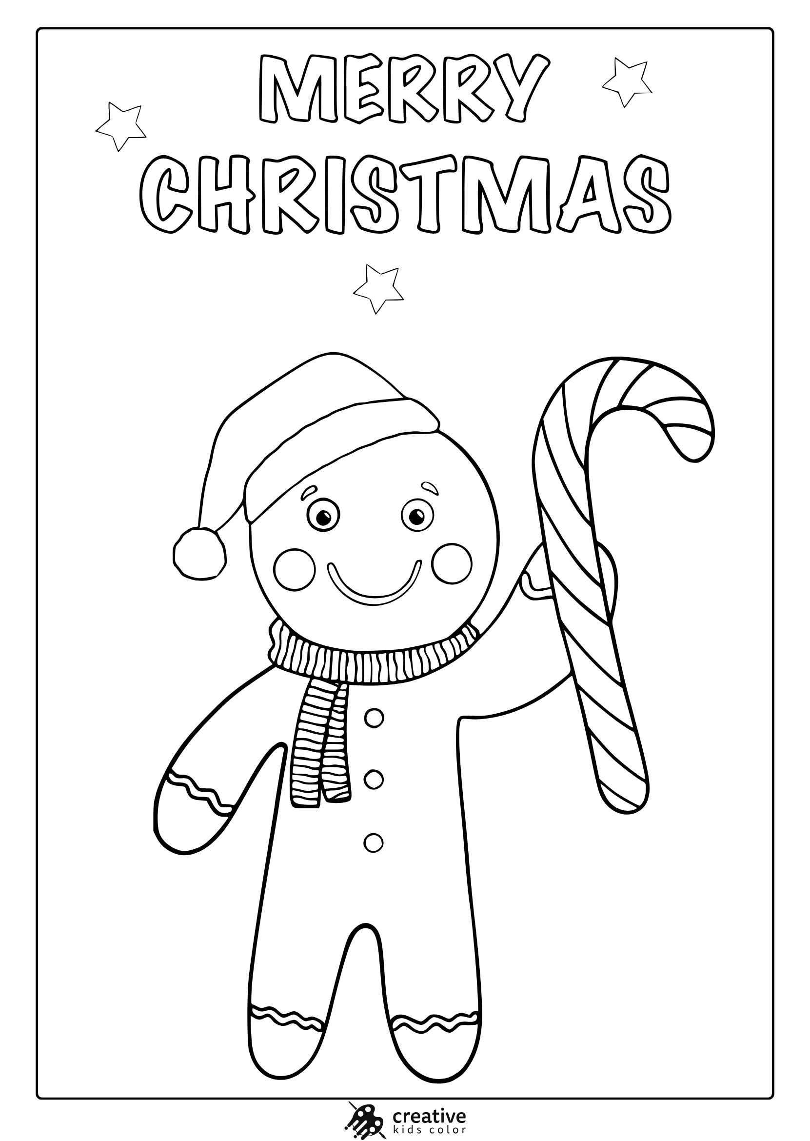 Cute Gingerbread color page with Santa, Scarf Striped, and Cane Candy.