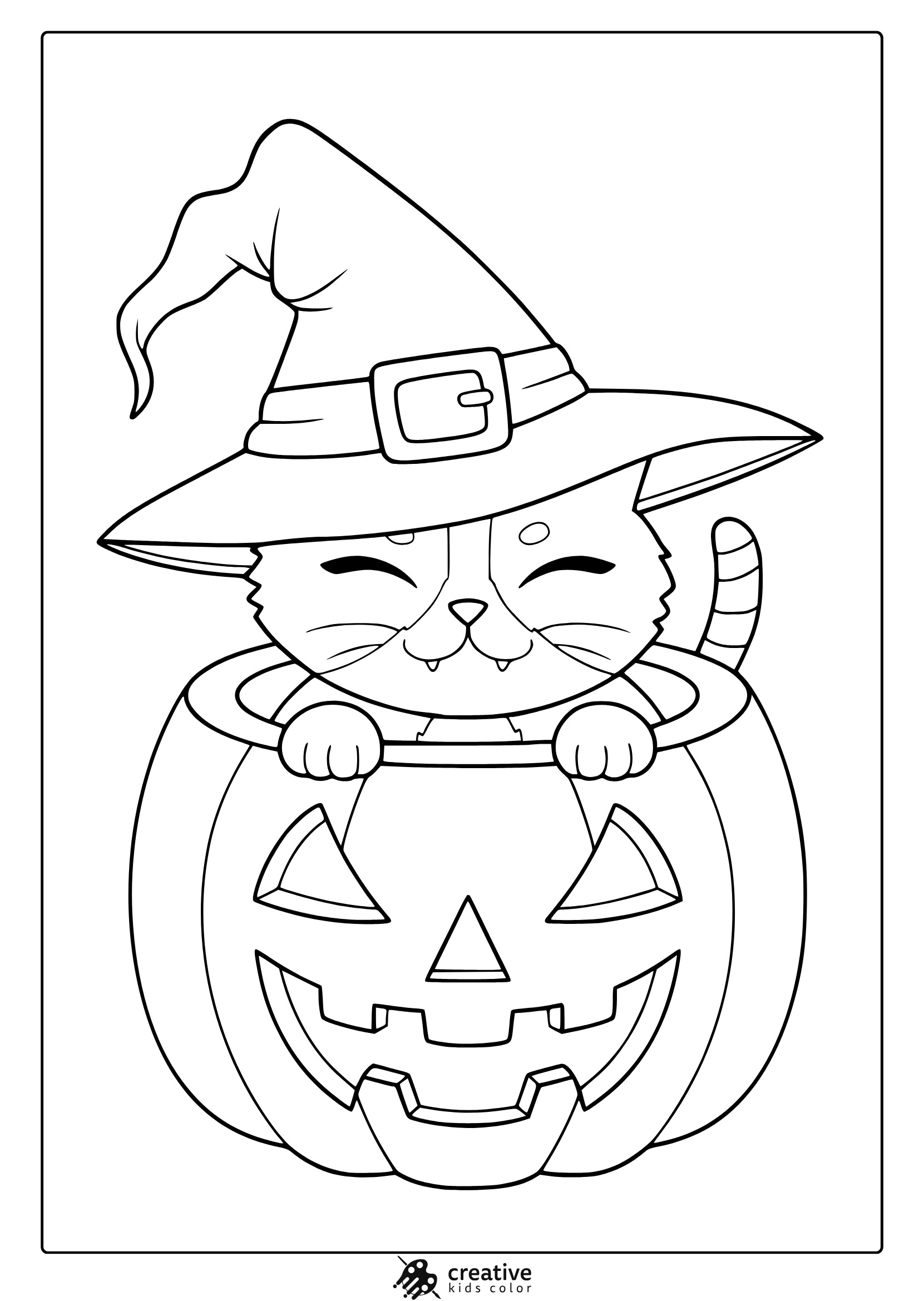 Cute Halloween cat coloring page with smiling cat in witch hat sitting inside a carved pumpkin.