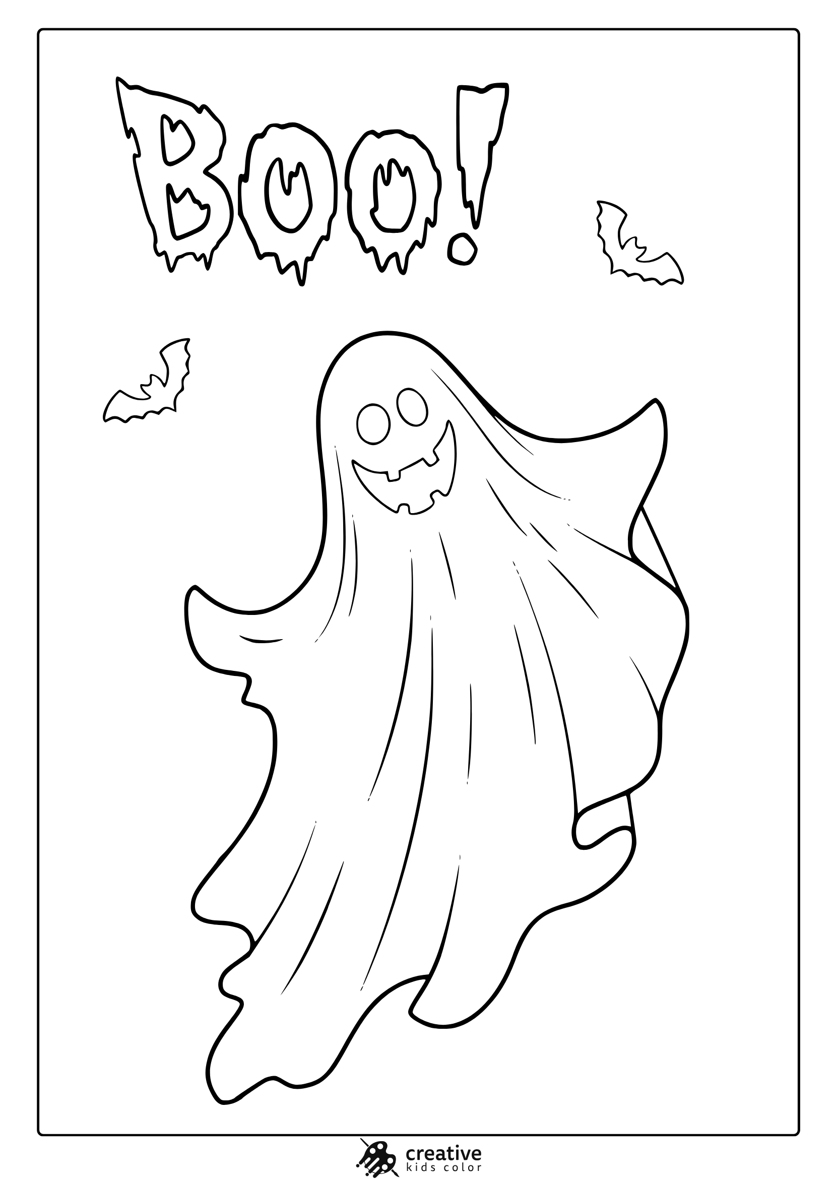 Cute Halloween ghost coloring page with smiling ghost, dripping “BOO!” text and small flying bats.