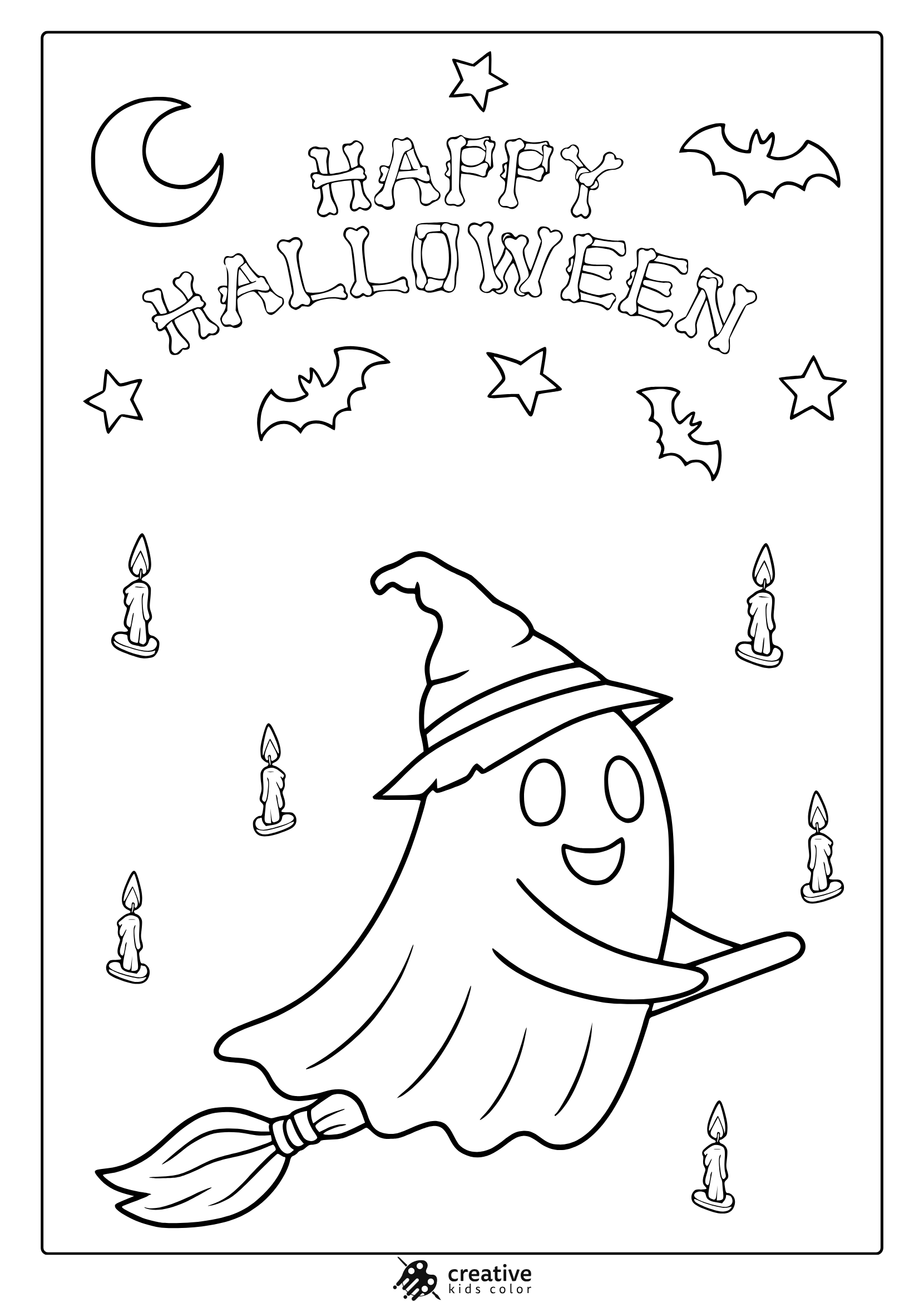 Cute Halloween Ghost With Broom, Bats, Moon, And Stars In A Fun Halloween Coloring Page.