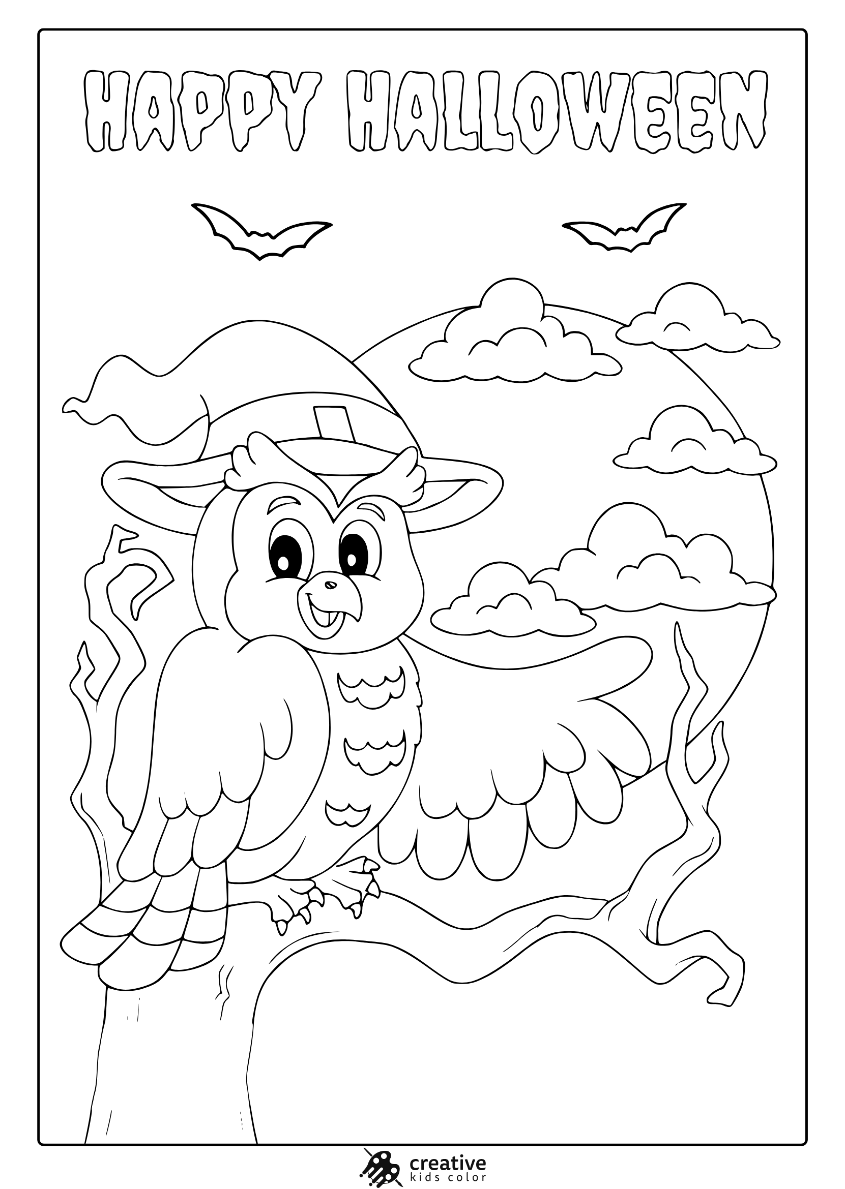 Cute Halloween owl coloring page with cartoon owl on a branch, full moon, bats and “Happy Halloween” text.