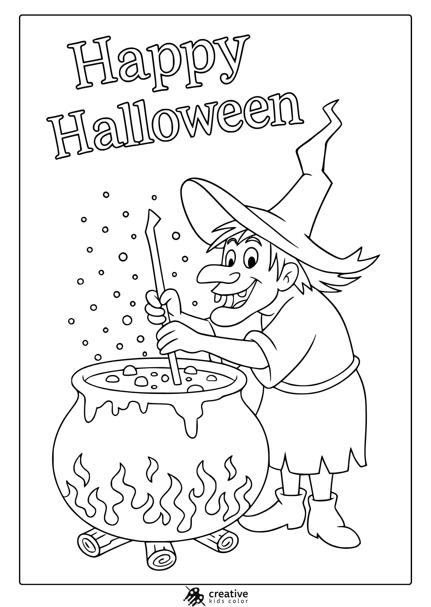 Cute Halloween witch coloring page with happy cartoon witch, bubbling cauldron and “Happy Halloween” text.