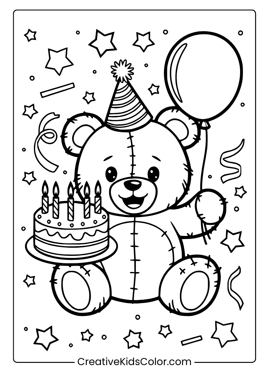 A Teddy Bear With A Birthday Cake, Surrounded By Streamers And Confetti, A Playful Coloring Page.