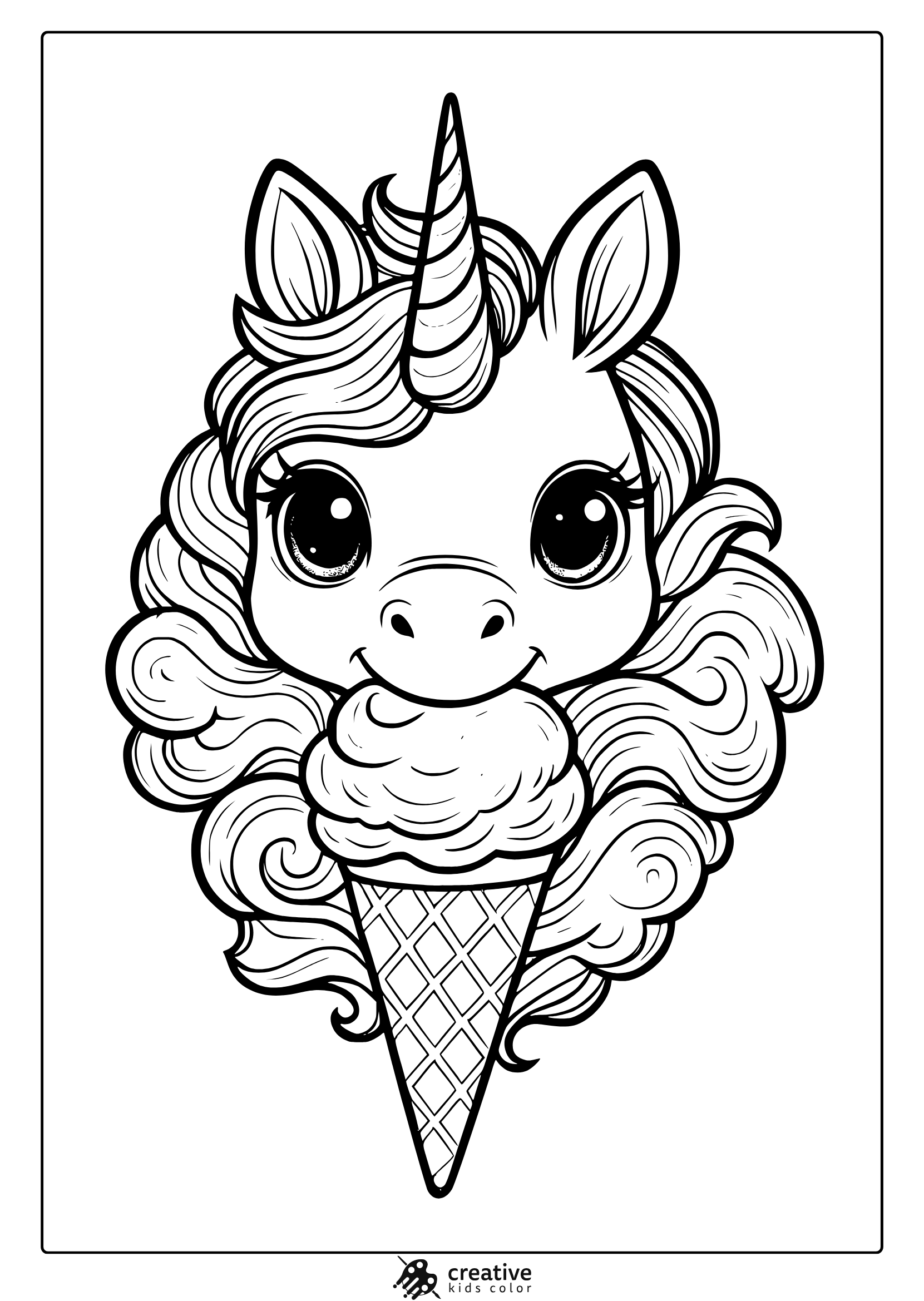 Unicorn With Swirled Mane And Detailed Ice Cream Cone In A Fun And Tasty Themed Coloring Page.