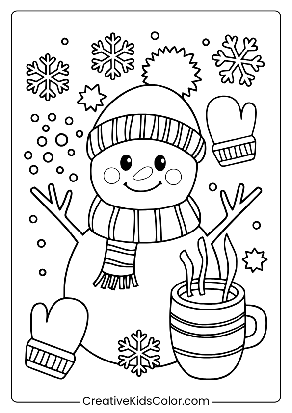 Cheerful Snowman With A Hot Drink And Winter Elements Like Snowflakes And Mittens In This Cute January Coloring Page.