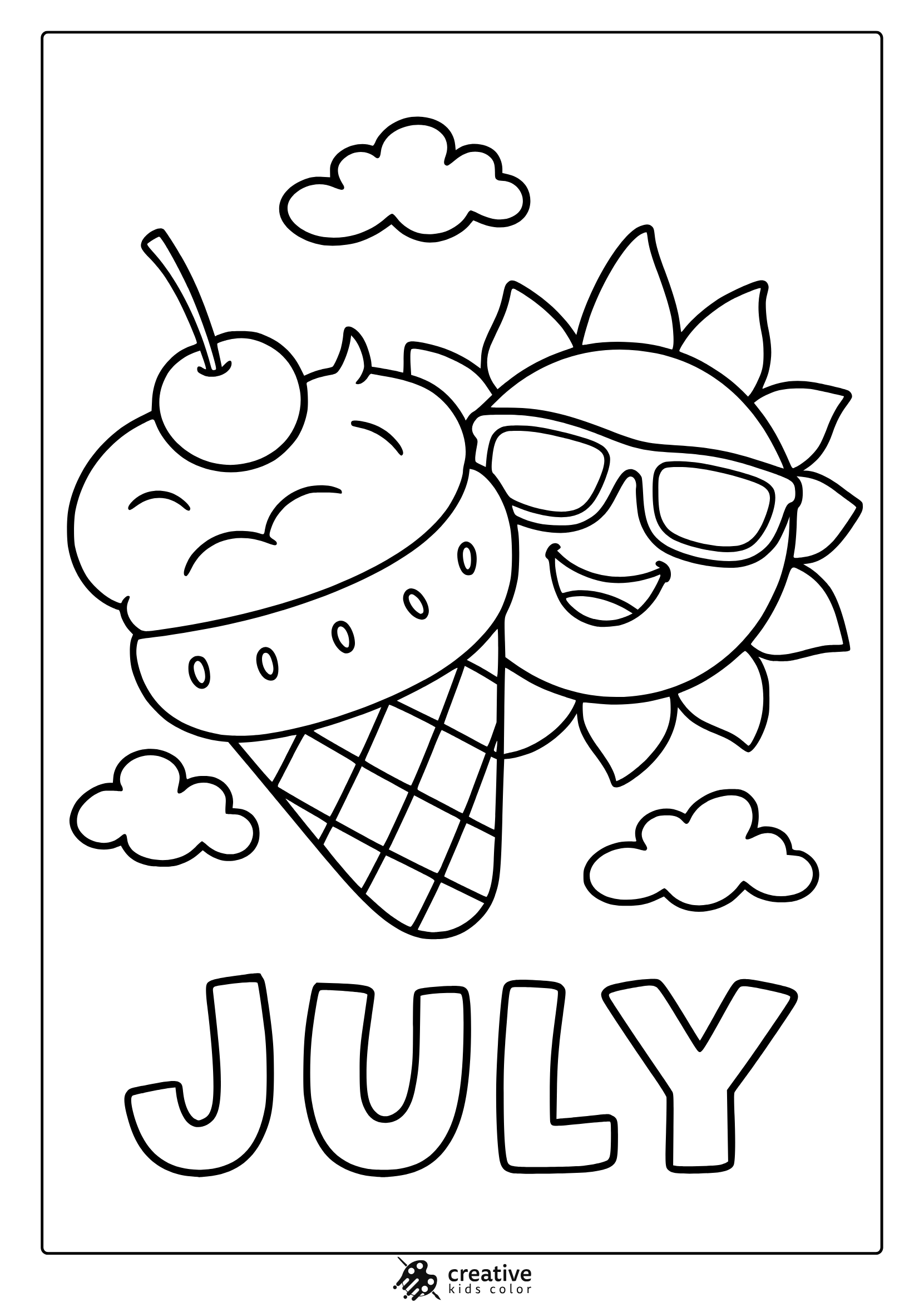 Cute July Coloring Page With Ice Cream, Sun With Sunglasses, And Clouds For Summer Fun.