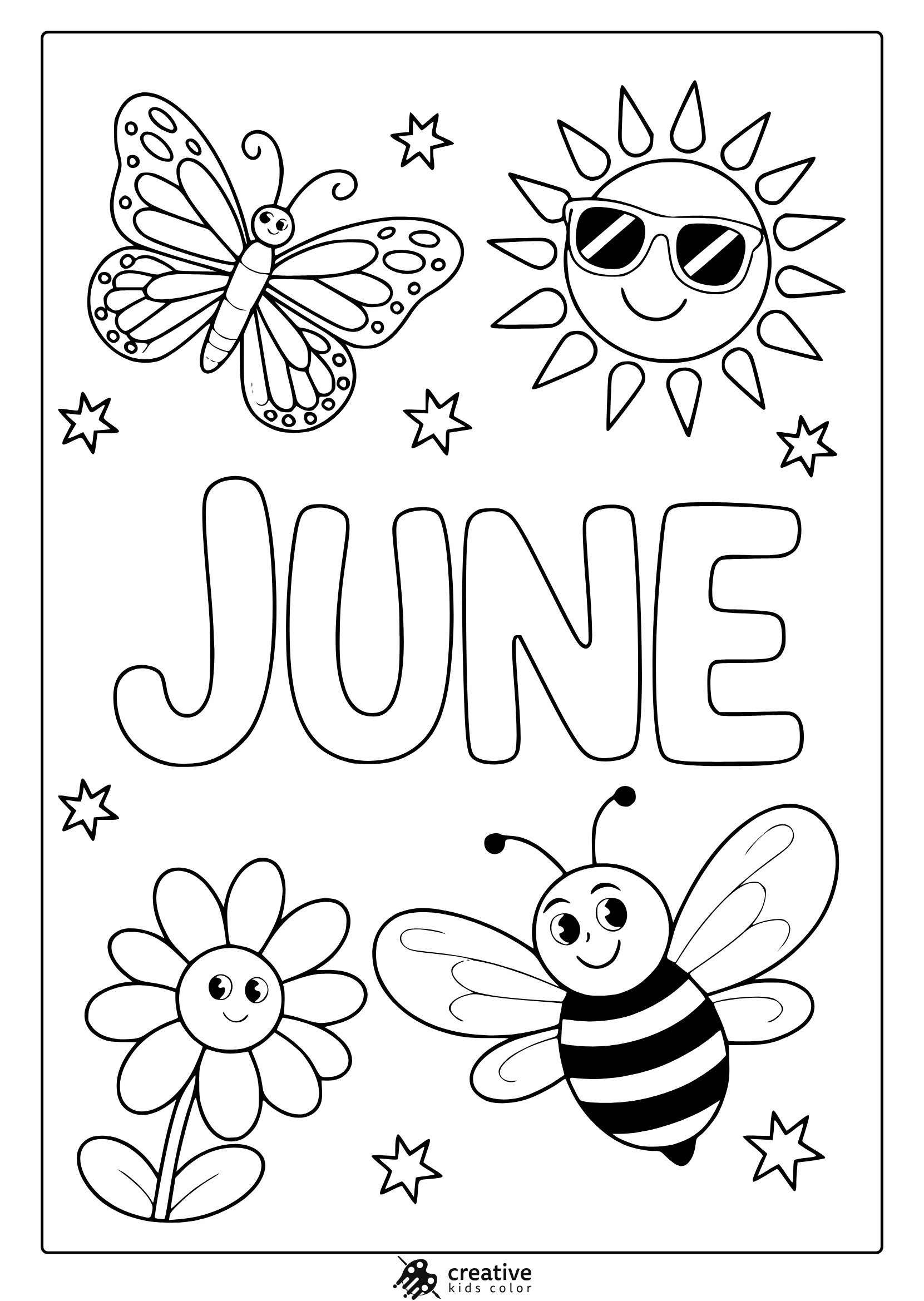 Coloring Page With &Quot;June&Quot; Text, Sun With Sunglasses, Butterfly, Bee, And Daisy Flower.