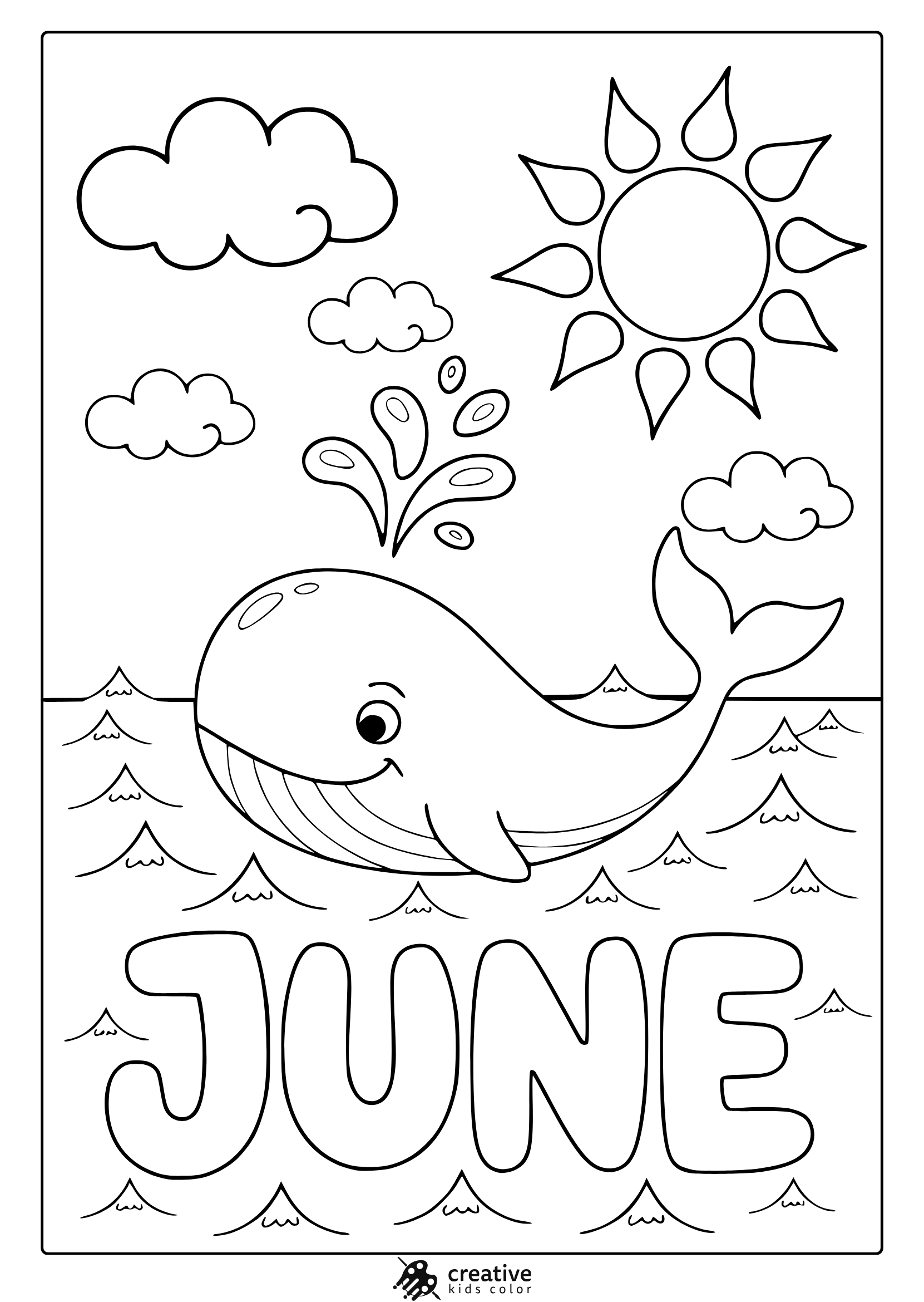 Cute whale coloring page with sunshine, clouds, and the word "JUNE" in a joyful marine setting.