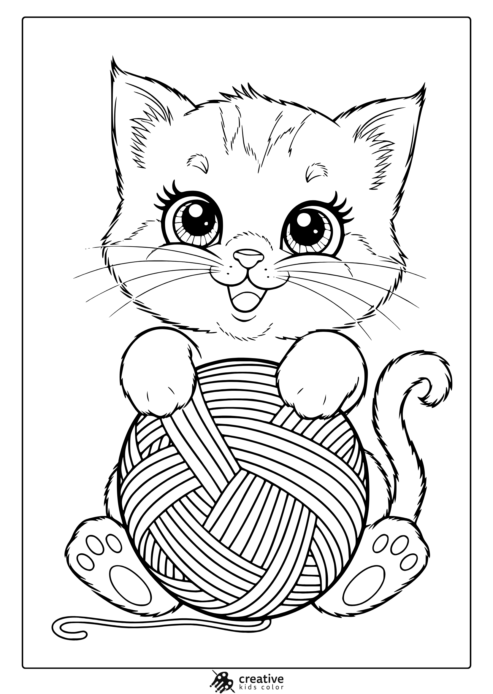 Cute Kawaii Cat Coloring Page With A Kitten Holding A Yarn Ball, Its Tail Curled Around For A Charming And Relaxing Coloring Experience.