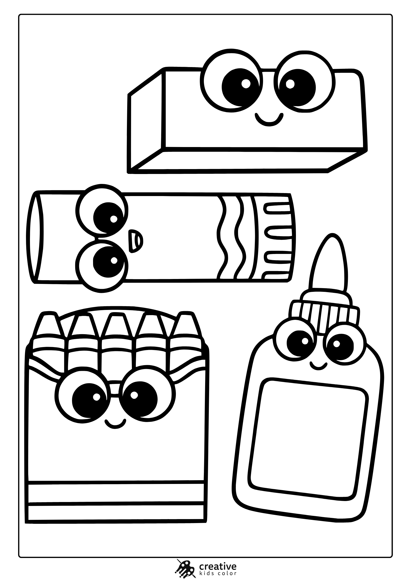Coloring Page With Kawaii Glue, Eraser, Crayon, And Crayon Box Characters.