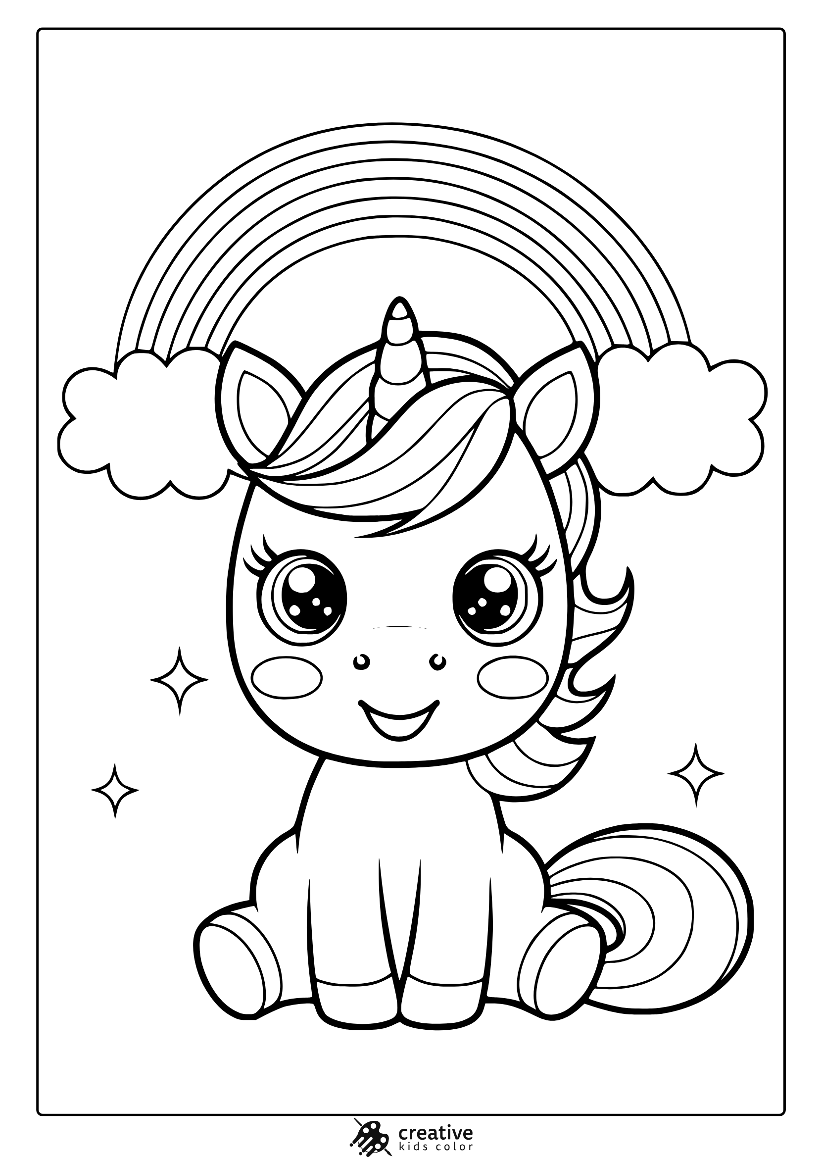 Cute Kawaii Unicorn Coloring Page Featuring A Unicorn Under A Rainbow With Sparkles And Clouds For A Whimsical Coloring Activity.