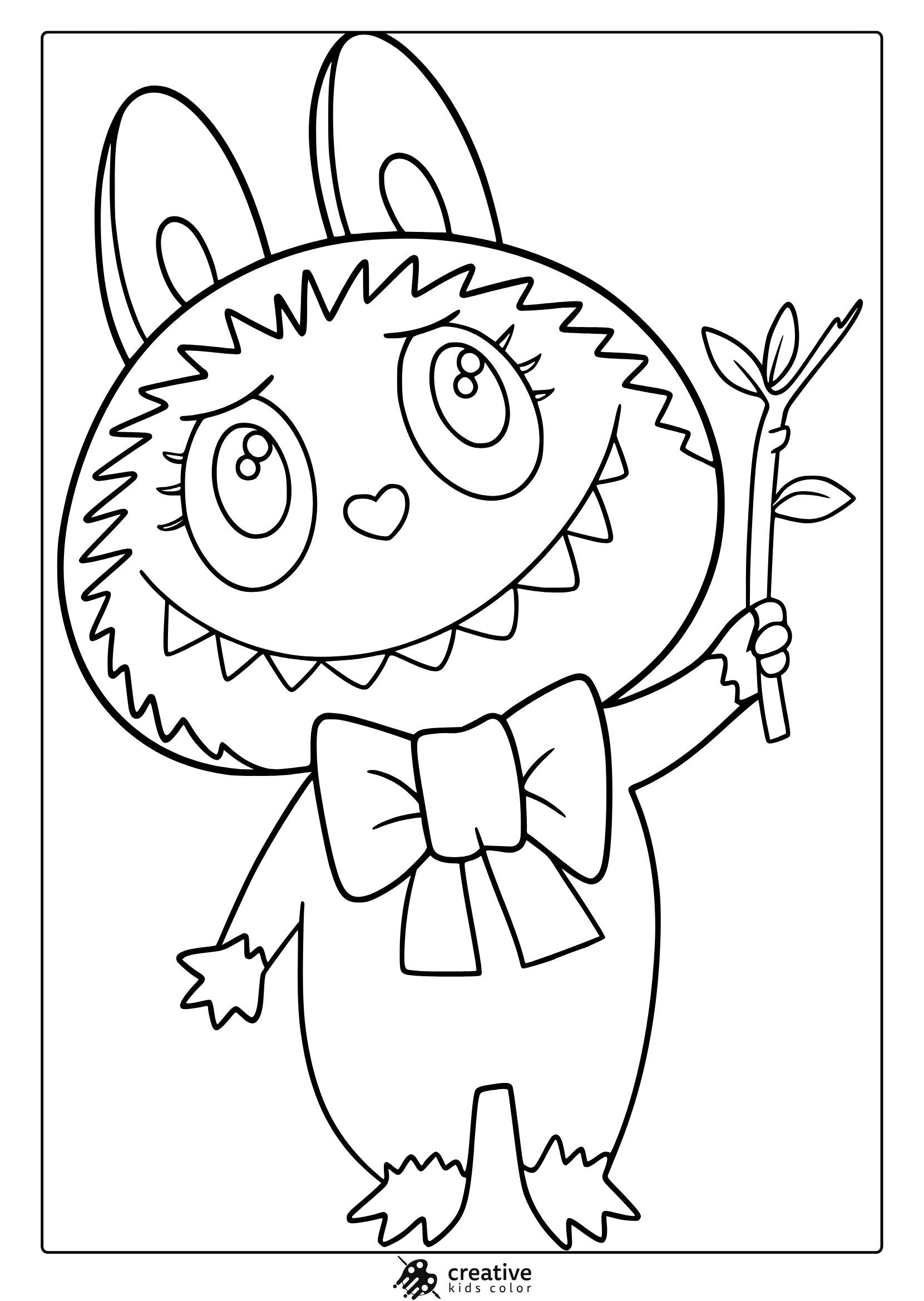 Labubu Holding A Leafy Branch While Smiling In This Soft And Adorable Coloring Page.