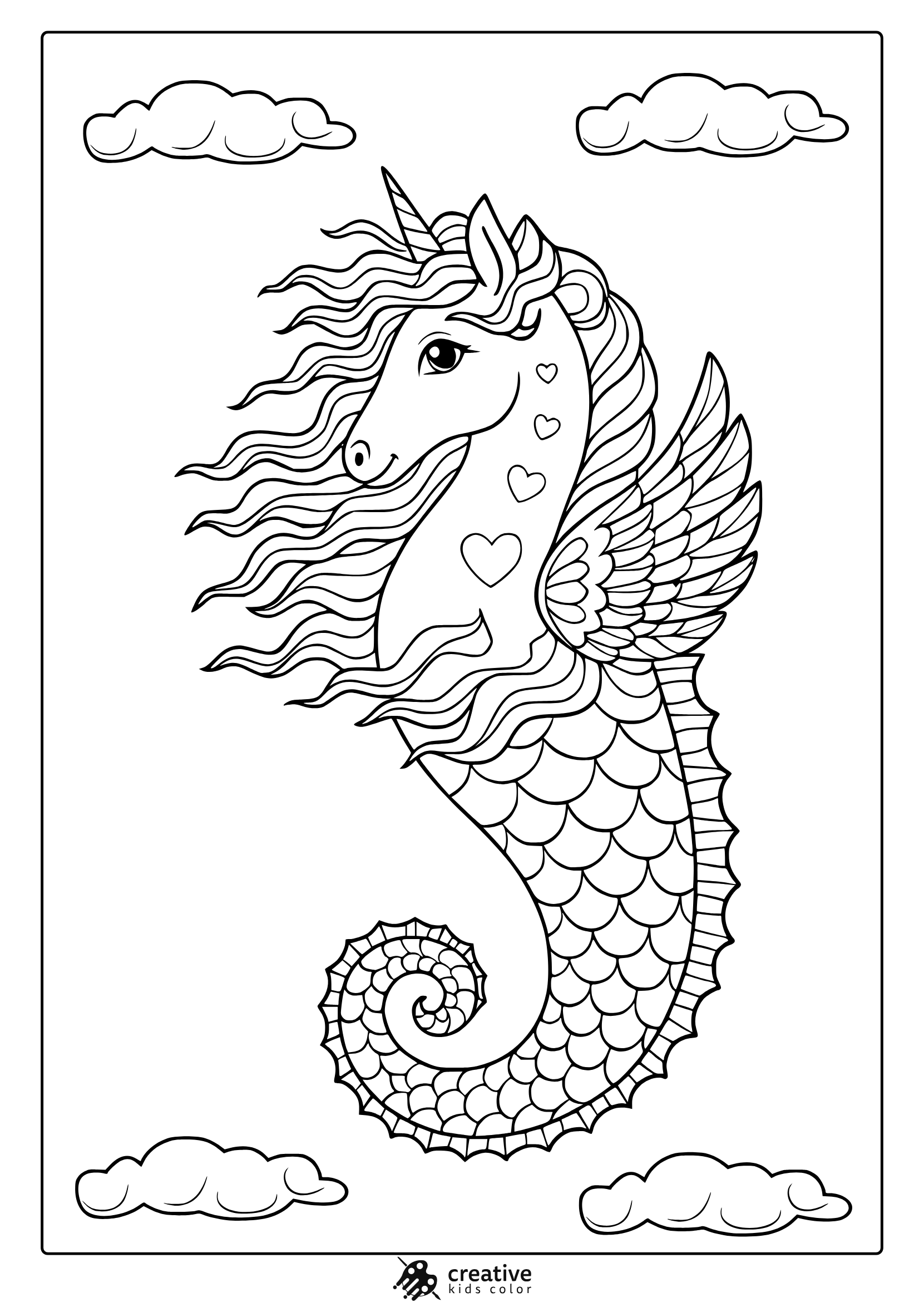 Mermaid Unicorn With Flowing Mane And Heart Patterns In A Fantasy Style Coloring Page.