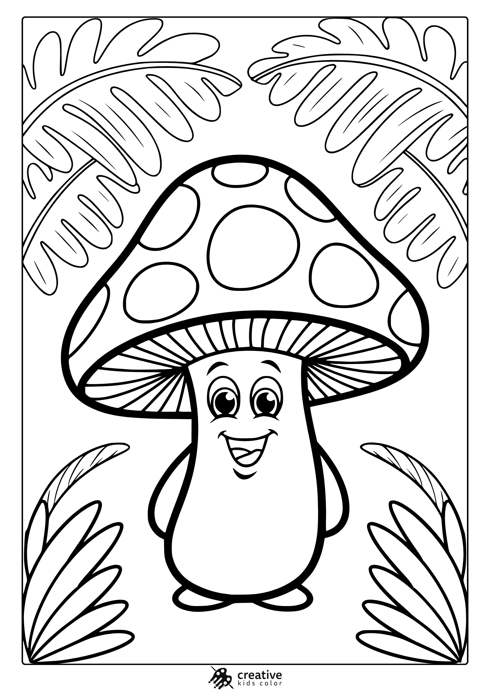 Cheerful Mushroom With Big Eyes And A Spotted Cap In A Forest Scene On This Cute Mushroom Coloring Page.