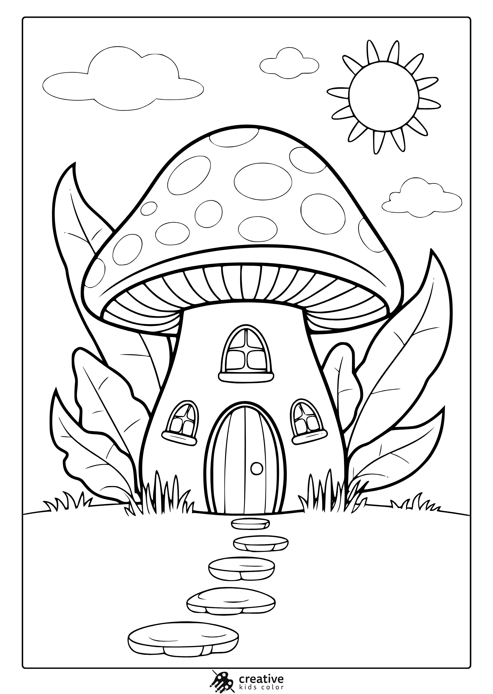 Whimsical Mushroom House With Sunny Skies And Red Spotted Roof In This Cute Coloring Page.