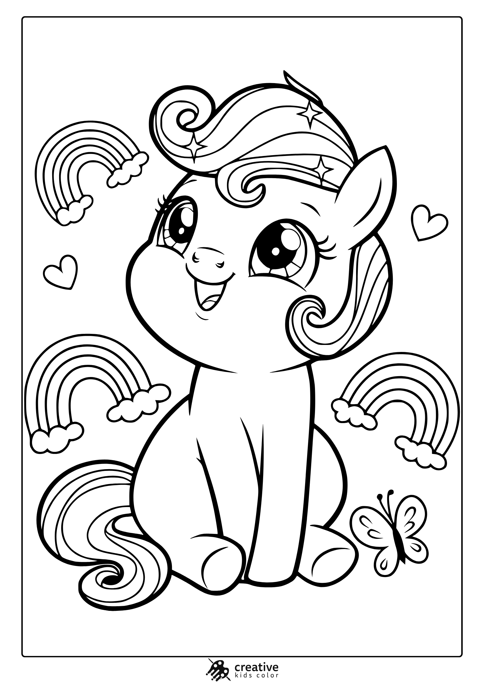 Cute My Little Pony Coloring Page With Rainbows, Hearts, And Butterflies.
