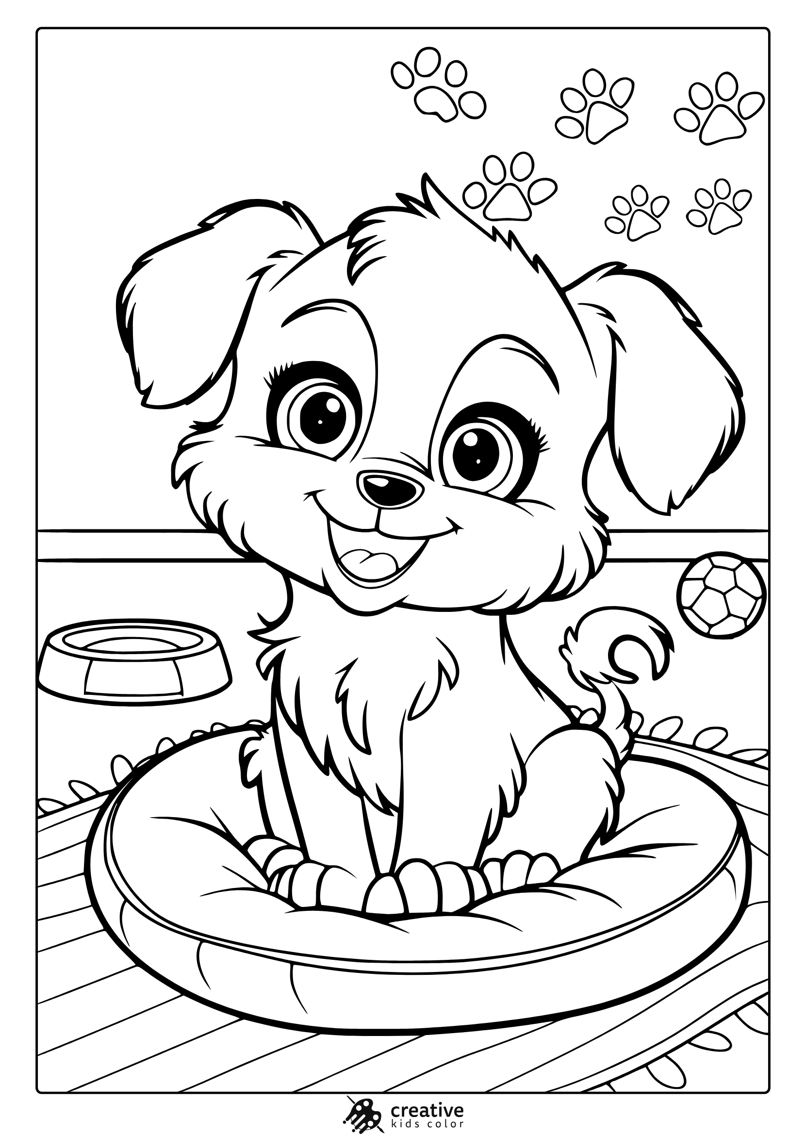 A Cute Fluffy Puppy On A Cushion With Paw Prints And Toys. A Perfect Playful Puppy Coloring Page For Kids And Adults.