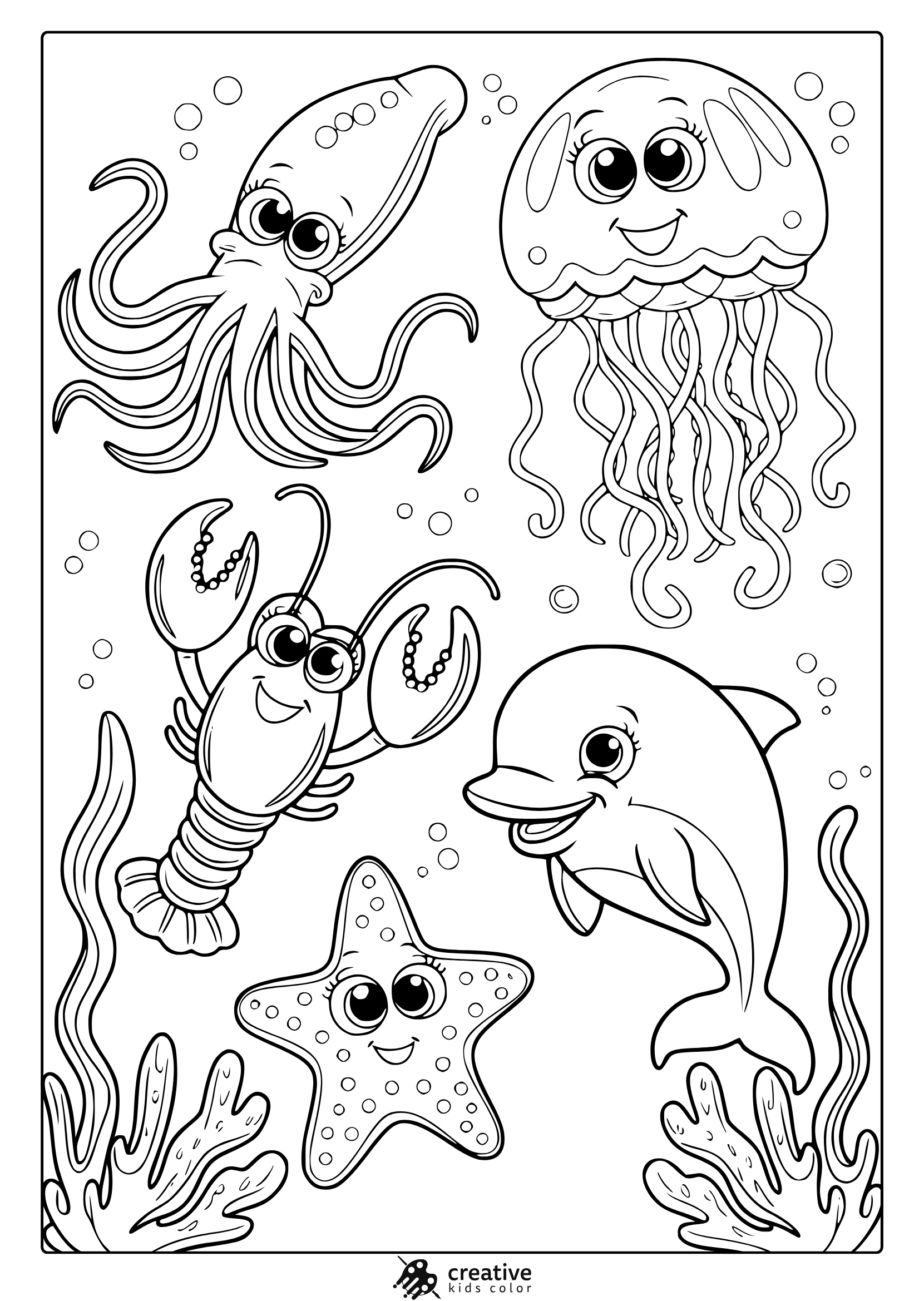 Jellyfish, Octopus, Dolphin, And More Swim Together In This Cute Sea Animals Summer Coloring Page.