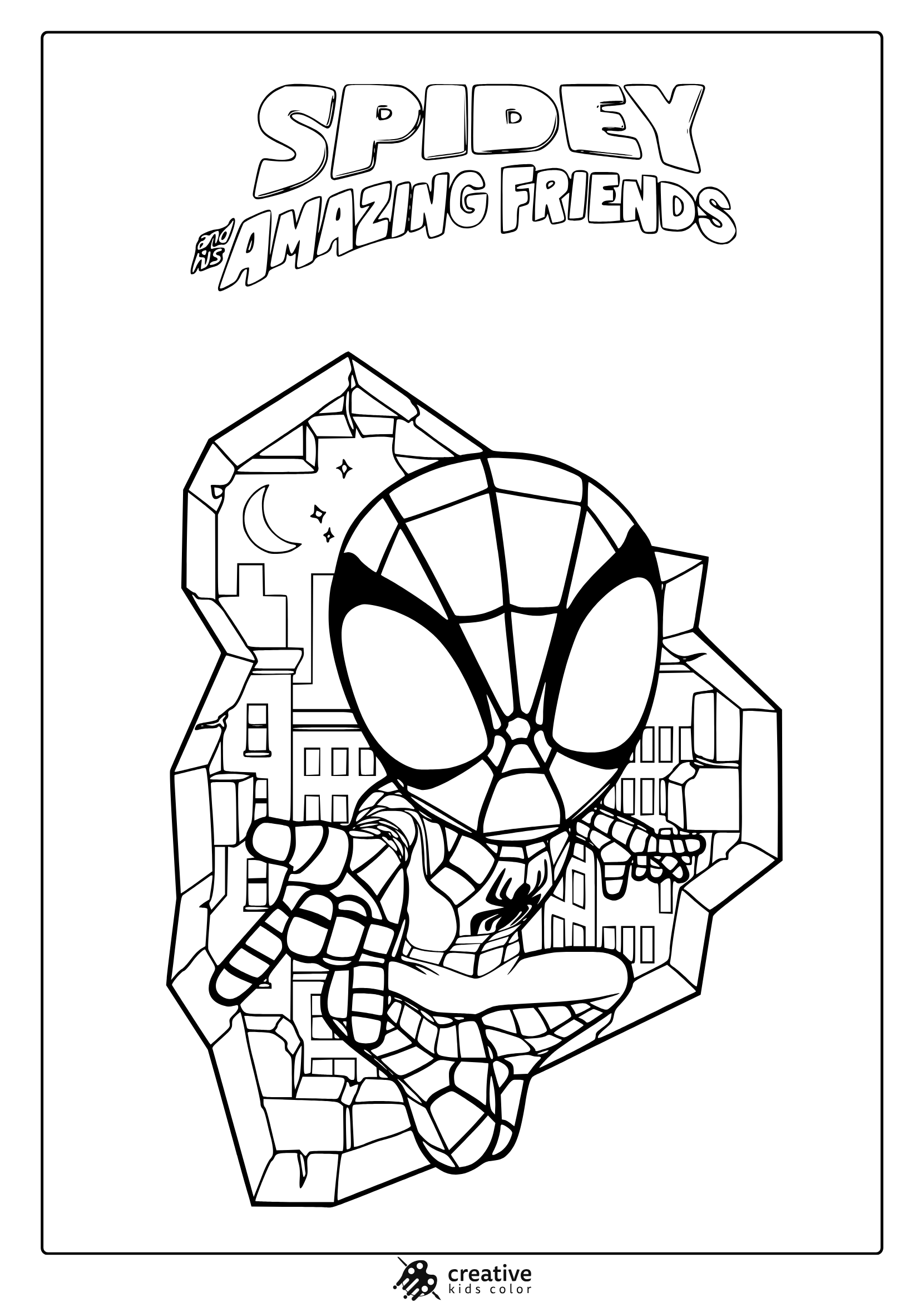 Cute Spider-Man Coloring Page With Cityscape And &Quot;Spidey And His Amazing Friends&Quot; Text.