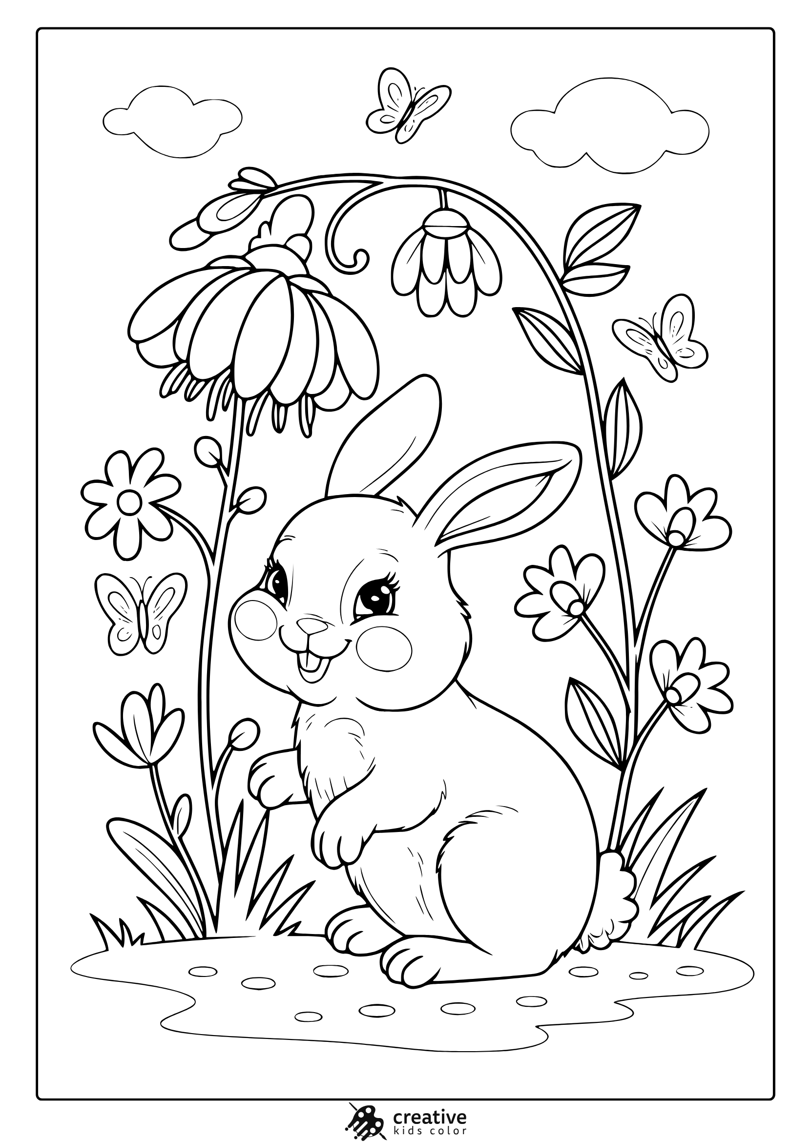 Spring Bunny Coloring Page With A Cute Rabbit In A Flower-Filled Meadow, Perfect For A Fun And Creative Coloring Experience.