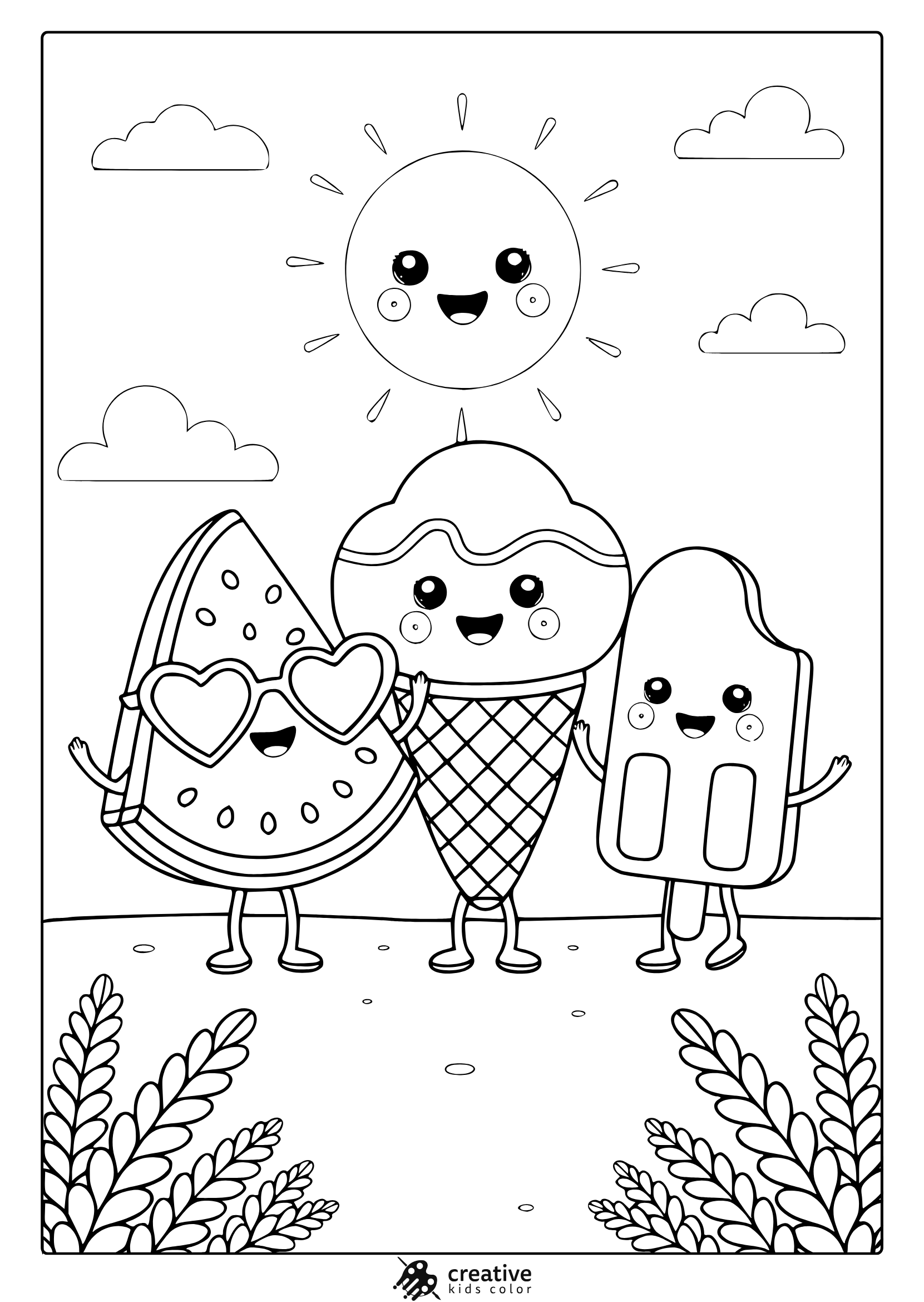 A Watermelon, Ice Cream, And Popsicle Enjoy The Sun In This Cute And Fun Summer Coloring Page.