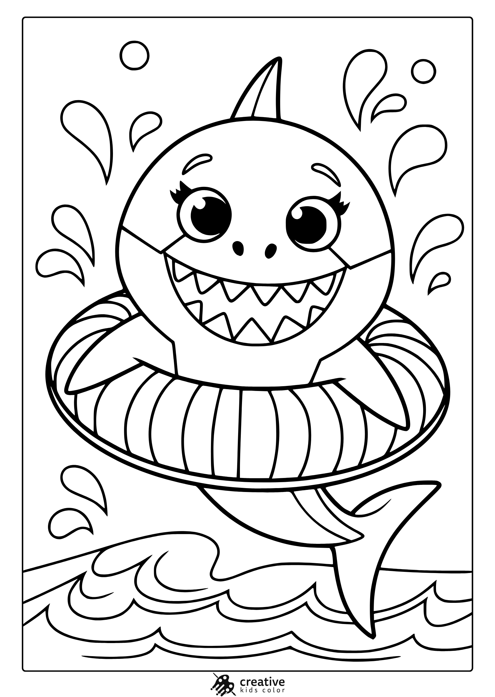 A Smiling Shark Floats In A Striped Inflatable Ring In This Fun And Cute Summer Shark Coloring Page.