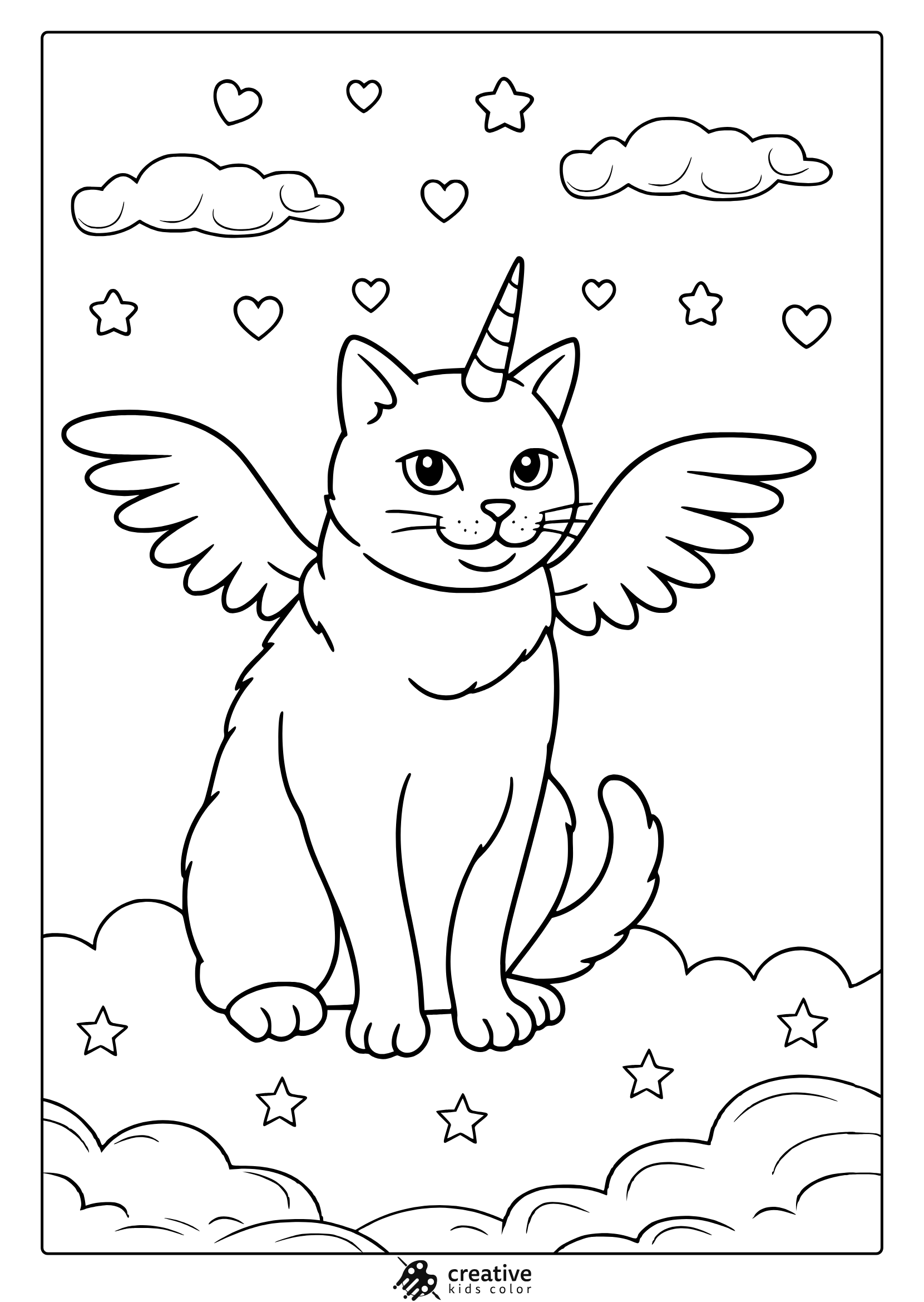 Unicorn Cat With Wings And Horn In A Dreamy Sky Full Of Clouds And Stars In This Cute Coloring Page.