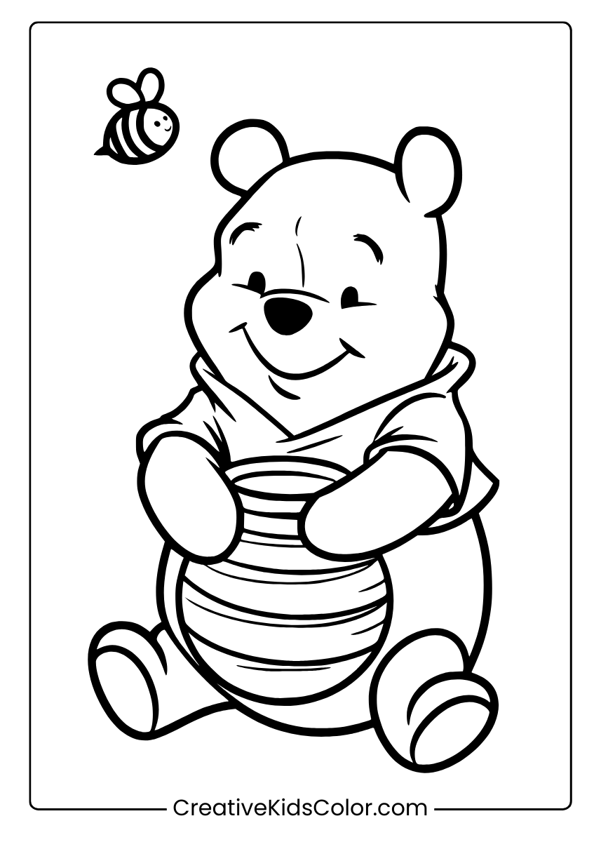 Classic Pooh Coloring Page With A Honey Pot And A Flying Bee.
