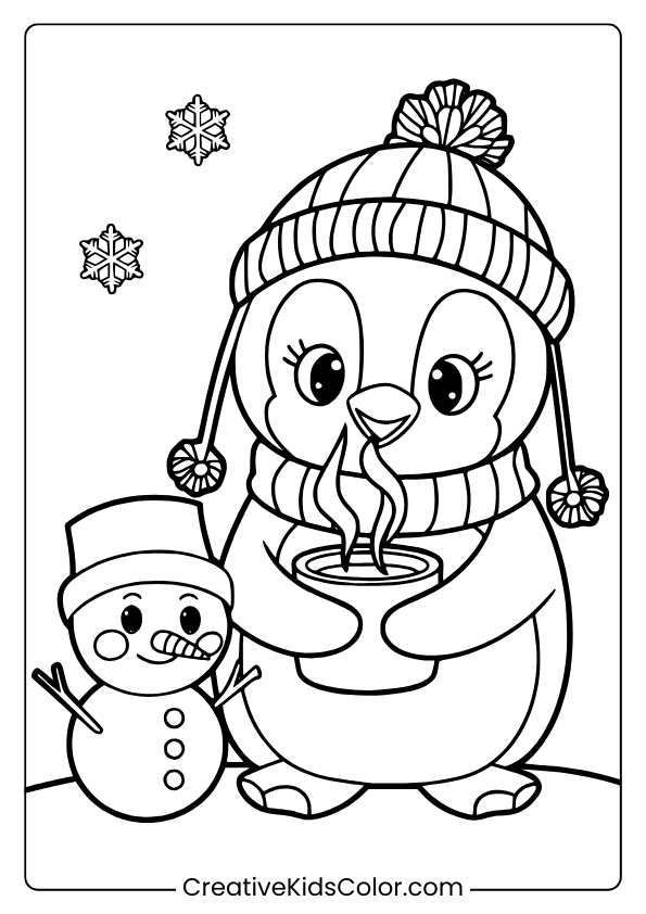 Cute Winter Coloring Page Featuring A Penguin With A Scarf And Snowman Surrounded By Snowflakes For Kids To Enjoy.
