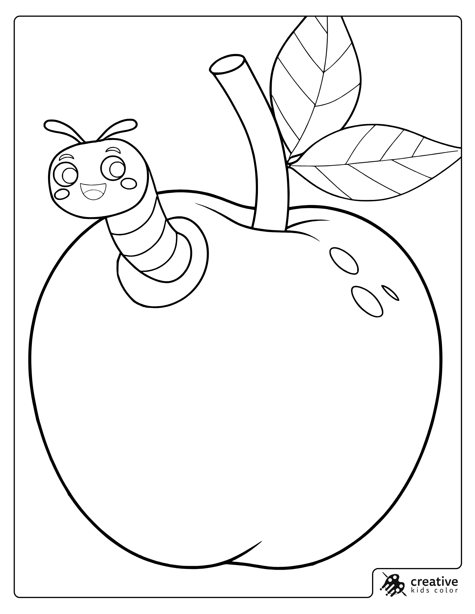 Apple With A Cute Worm Coloring Page.